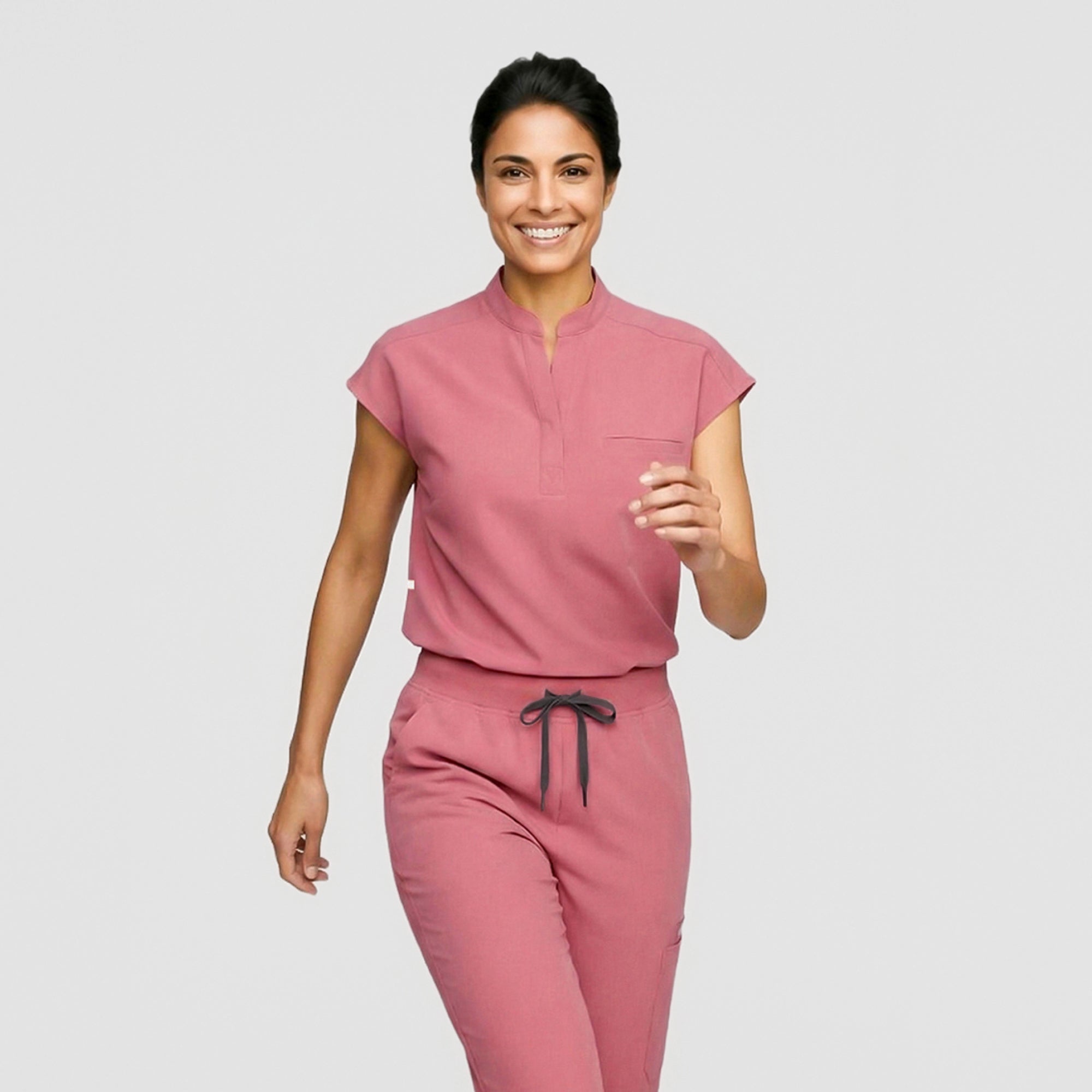 Zenir | Women's Mandarin Collar Scrub Top - Coral Pink