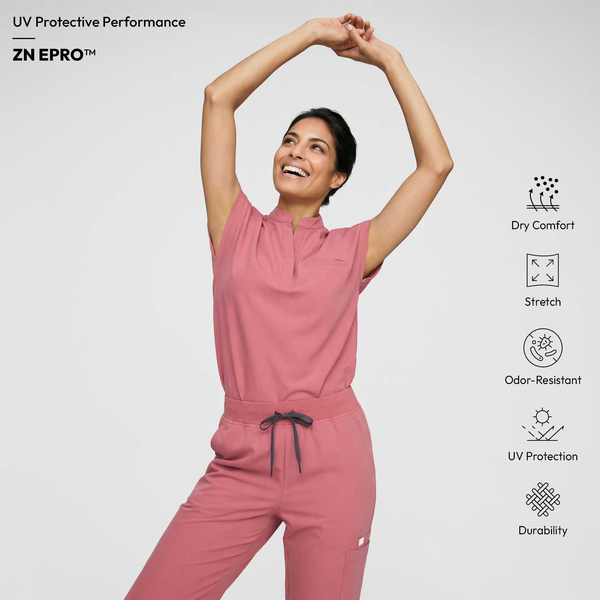 Zenir | Women's Mandarin Collar Scrub Top - Coral Pink