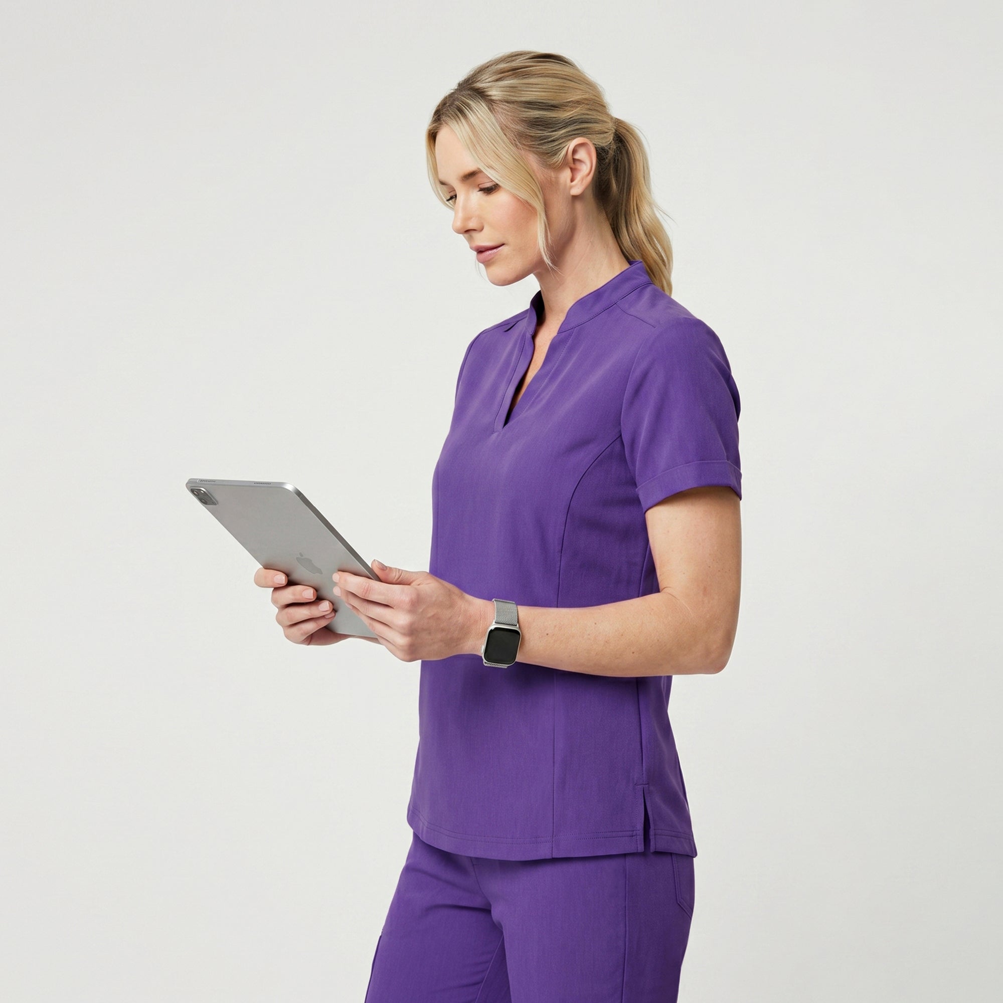 Zenir | Women's Soft Stretch Notched Scrub Top - Eggplant