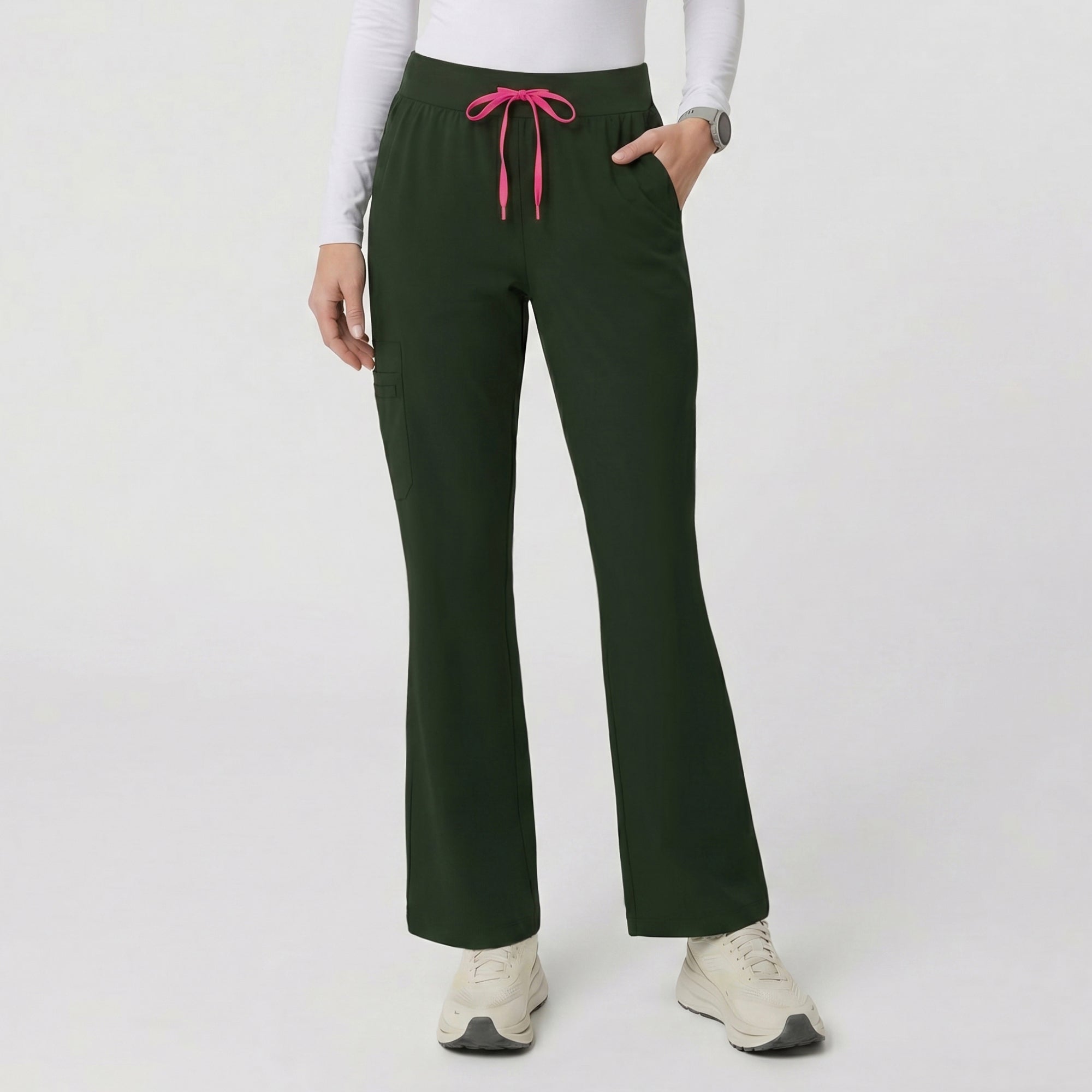Zenir | Women's Soft Stretch High Waisted Flare Scrub Pants - Olive Green