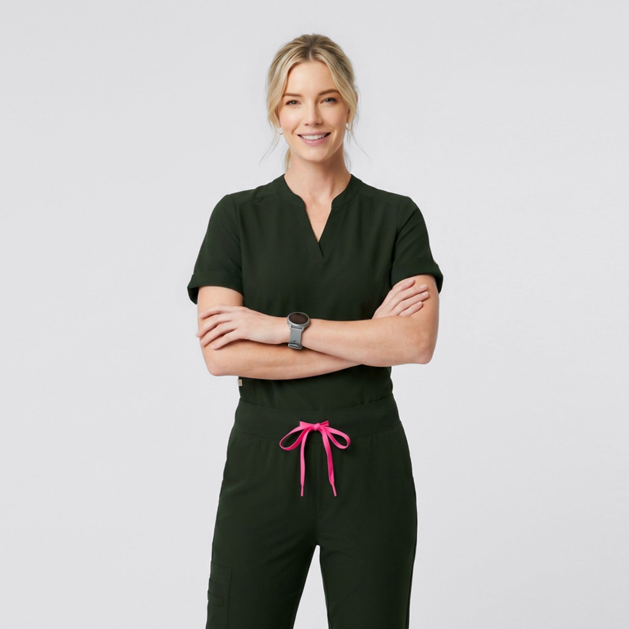 Zenir | Women's Soft Stretch Notched Scrub Top - Olive Green