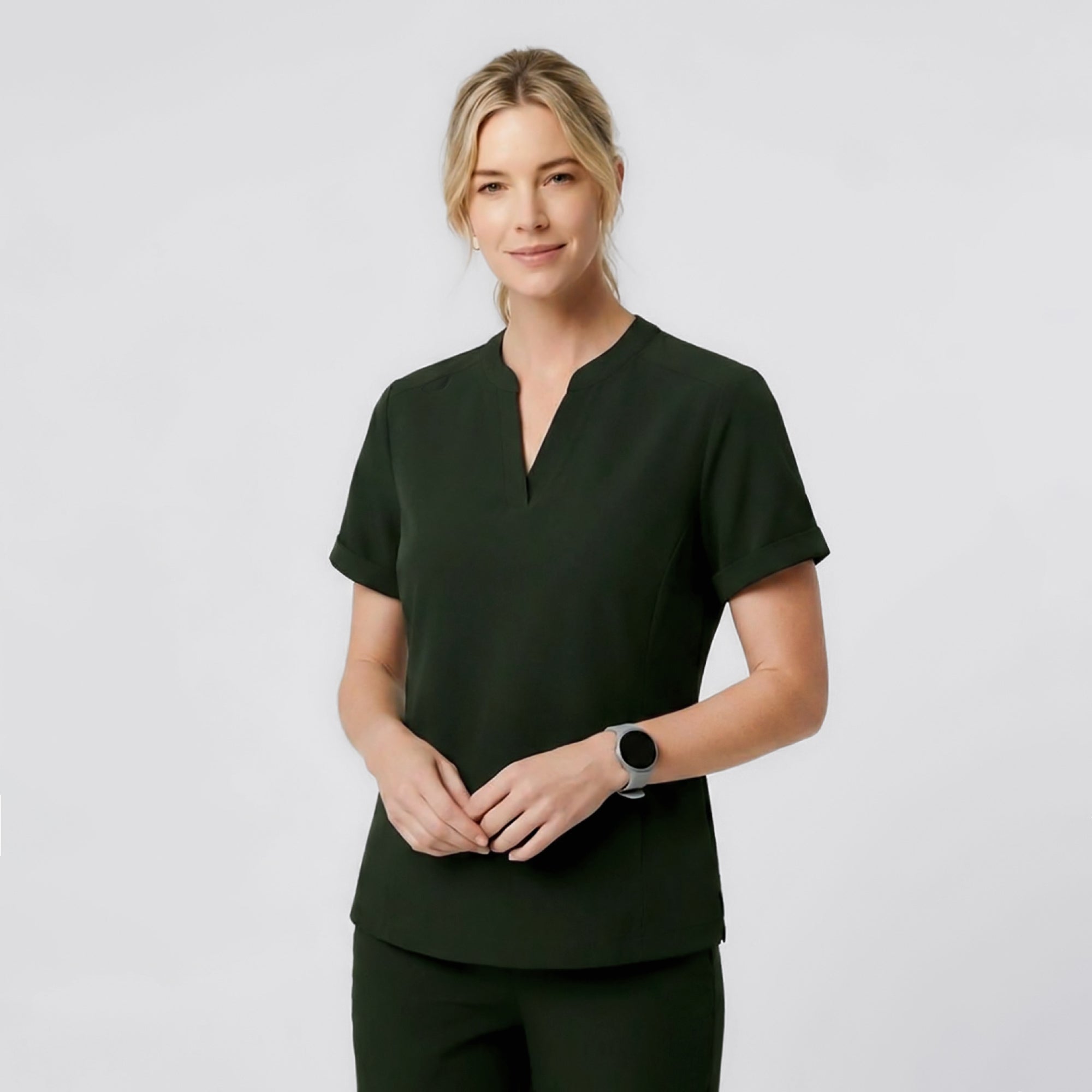 Zenir | Women's Soft Stretch Notched Scrub Top - Olive Green