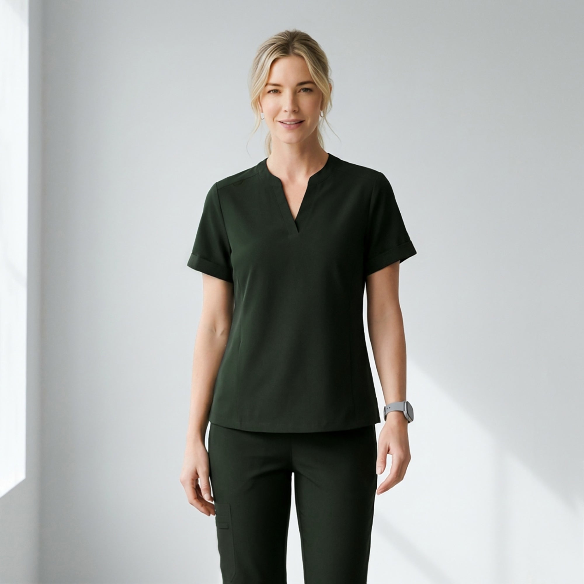 Zenir | Women's Soft Stretch Notched Scrub Top - Olive Green