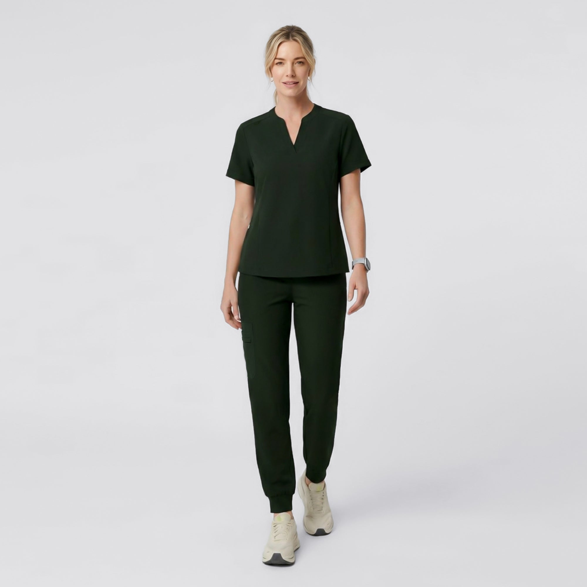 Zenir | Women's Soft Stretch Notched Scrub Top - Olive Green
