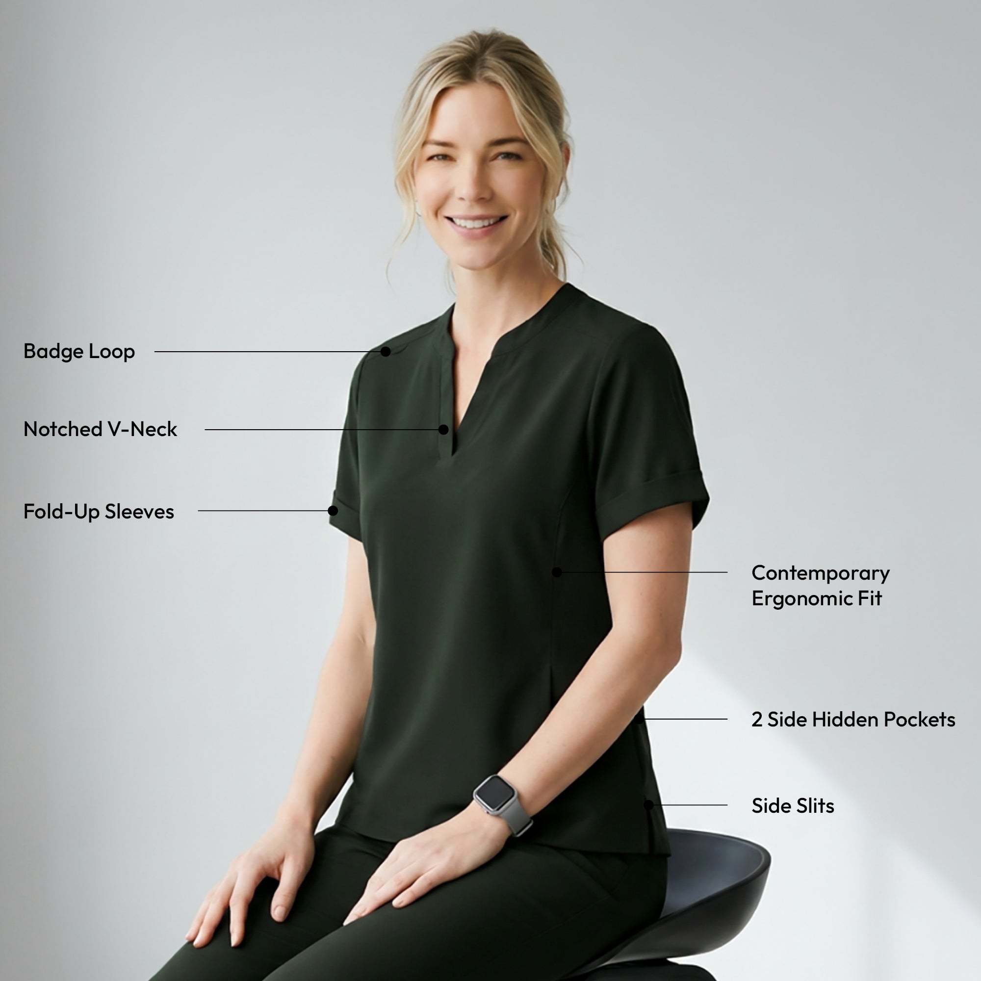 Zenir | Women's Soft Stretch Notched Scrub Top - Olive Green