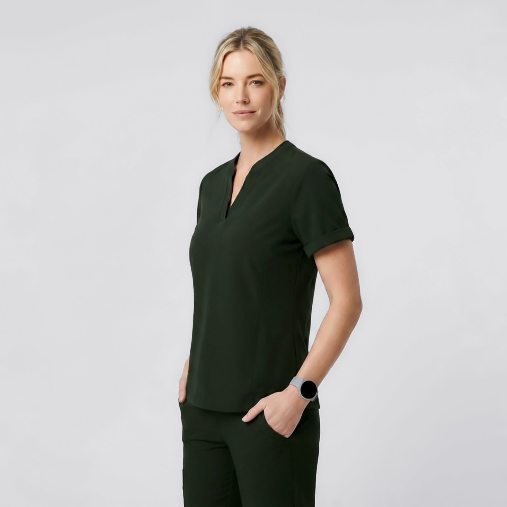 Zenir | Women's Soft Stretch Notched Scrub Top - Olive Green