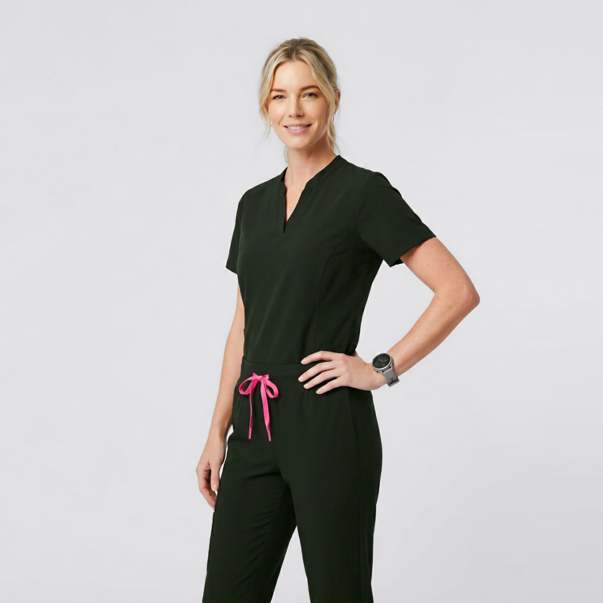 Zenir | Women's Soft Stretch Notched Scrub Top - Olive Green