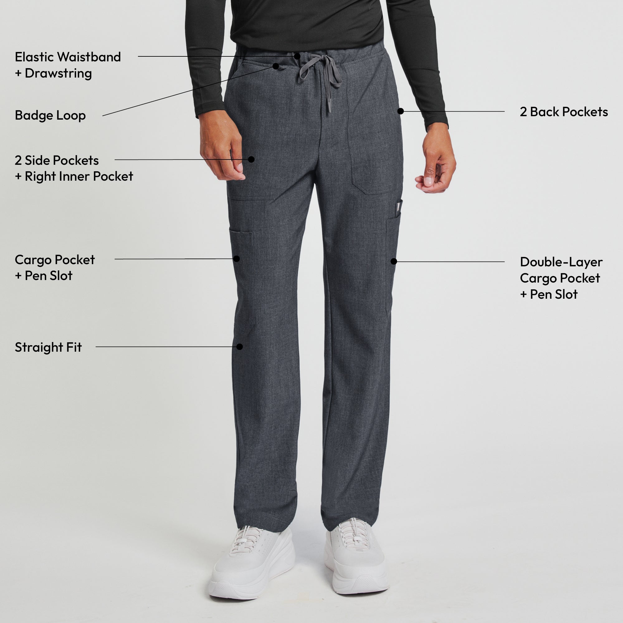 Zenir | Men's Essential 8-Pocket Straight Scrub Pants - Charcoal Gray
