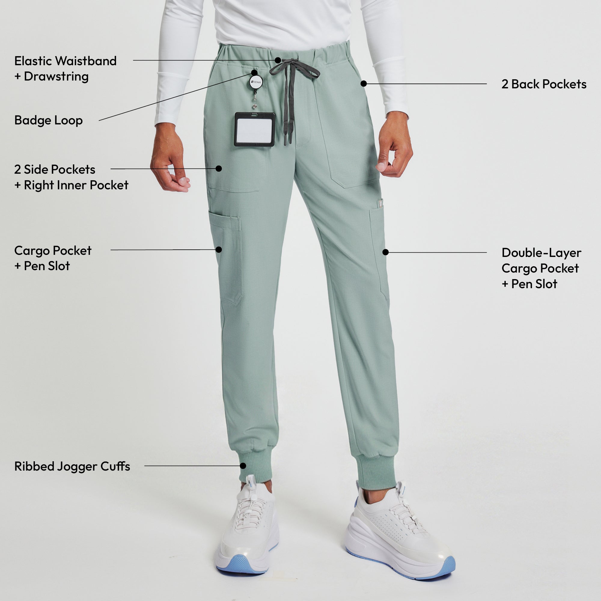 Zenir | Men's Essential 8-Pocket Jogger Scrub Pants - Sage Green