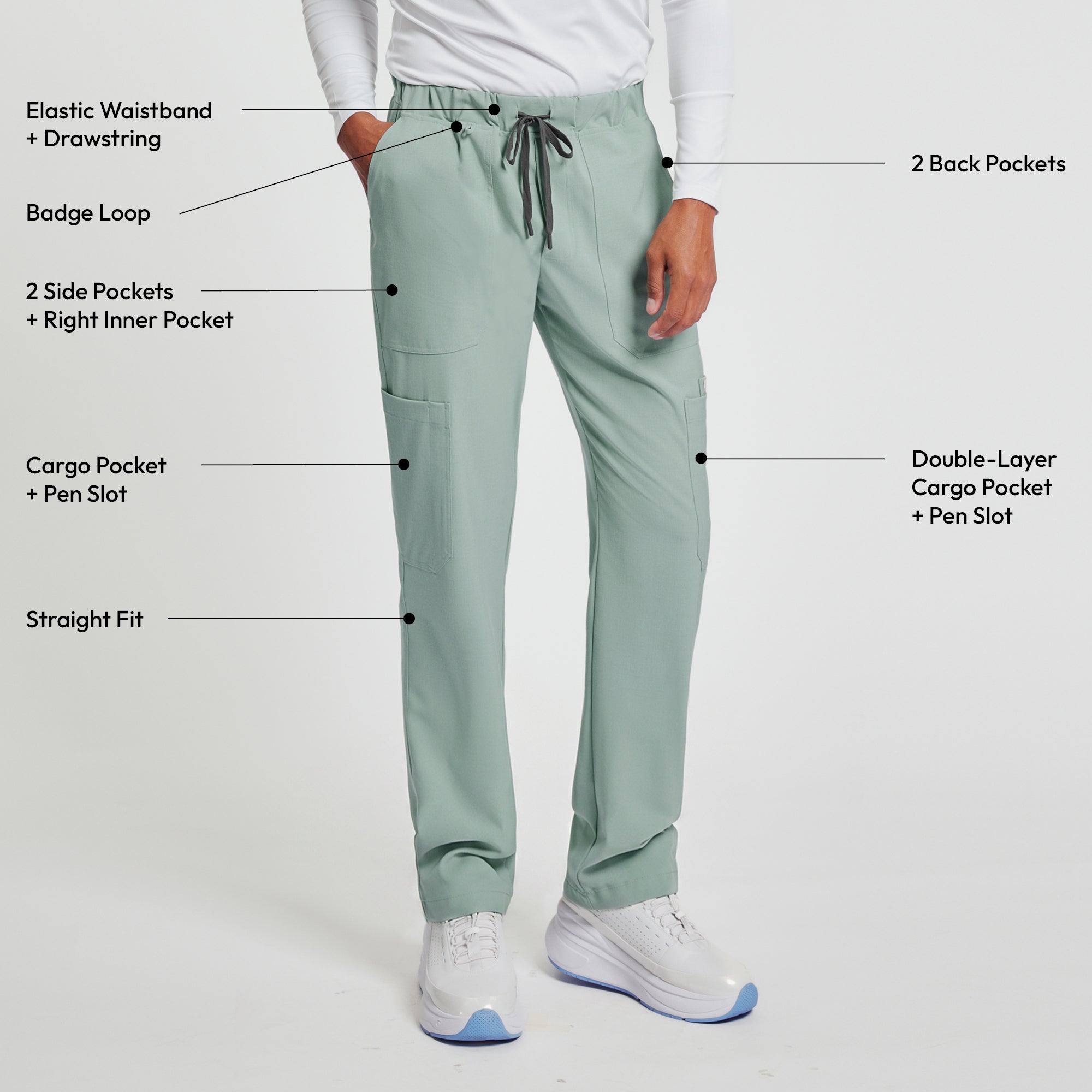 Zenir | Men's Essential 8-Pocket Straight Scrub Pants - Sage Green