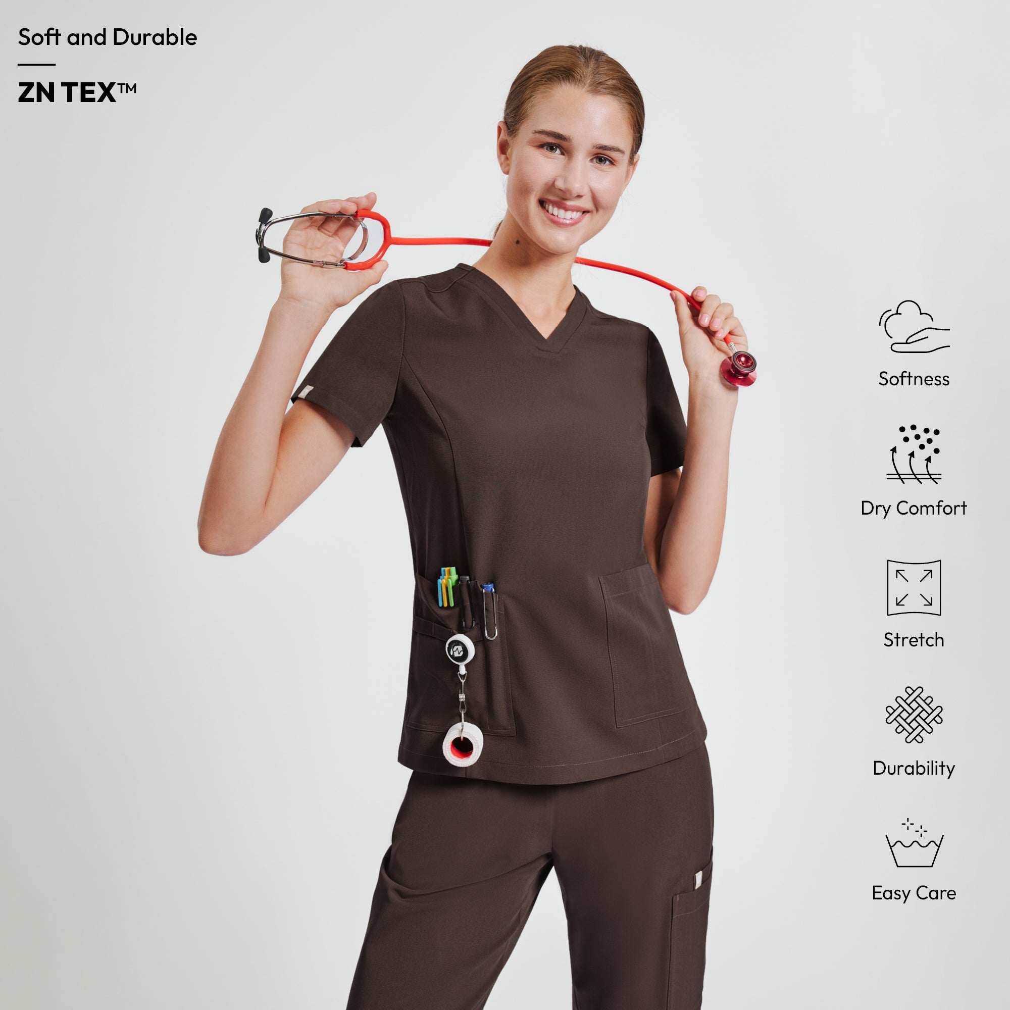 Zenir | Women's VersaPocket Scrub Top - Brown