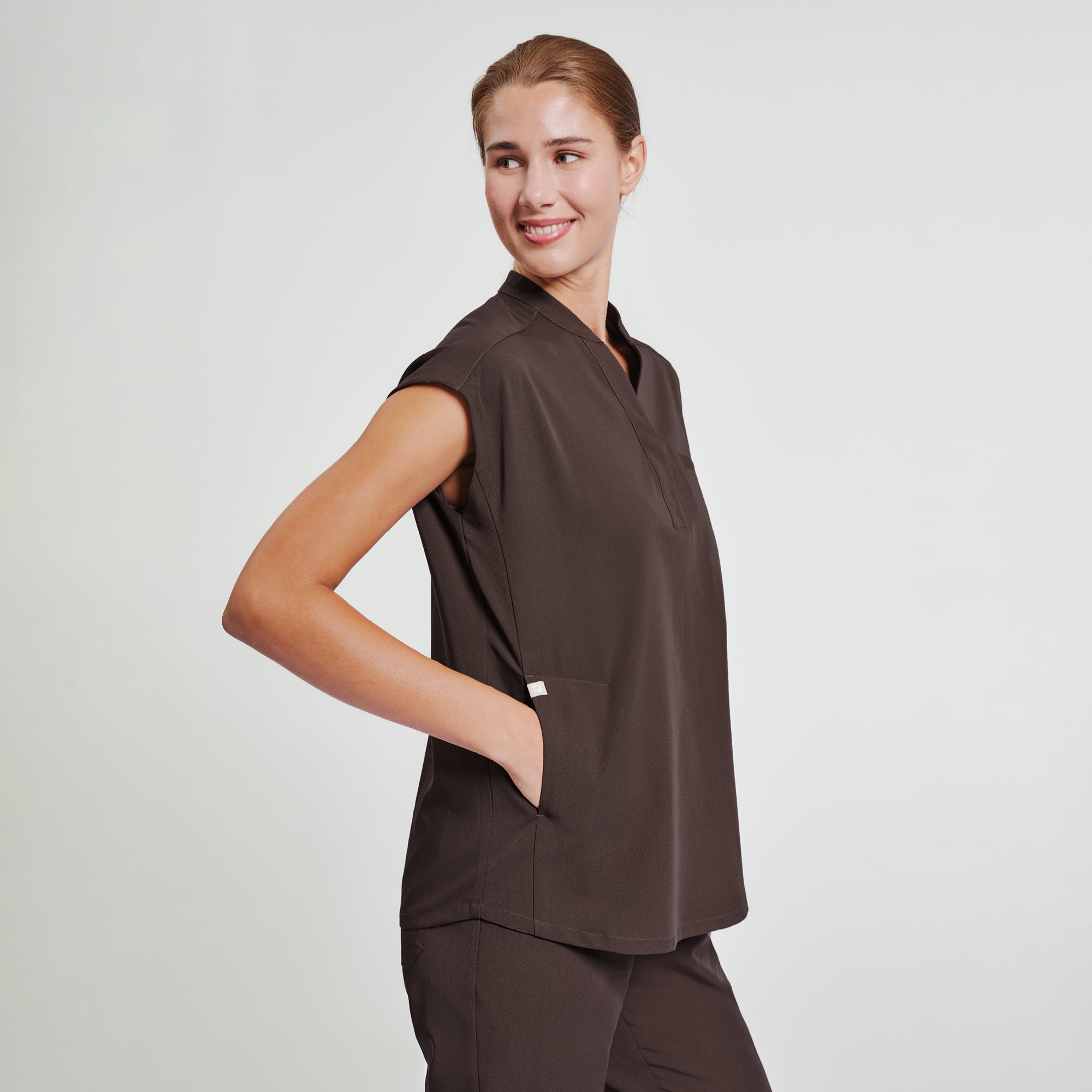 Zenir | Women's Mandarin Collar Scrub Top - Brown