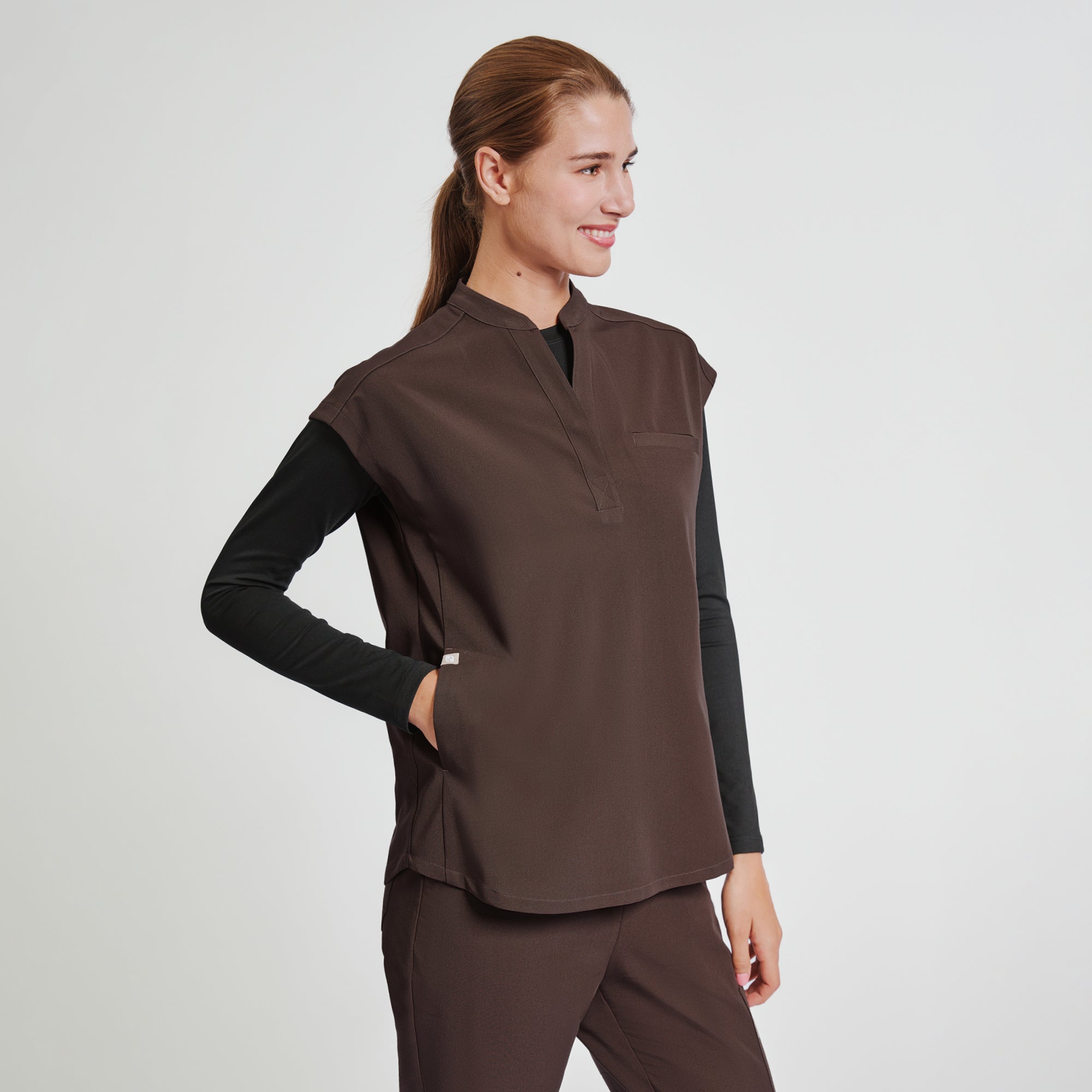 Zenir | Women's Mandarin Collar Scrub Top - Brown