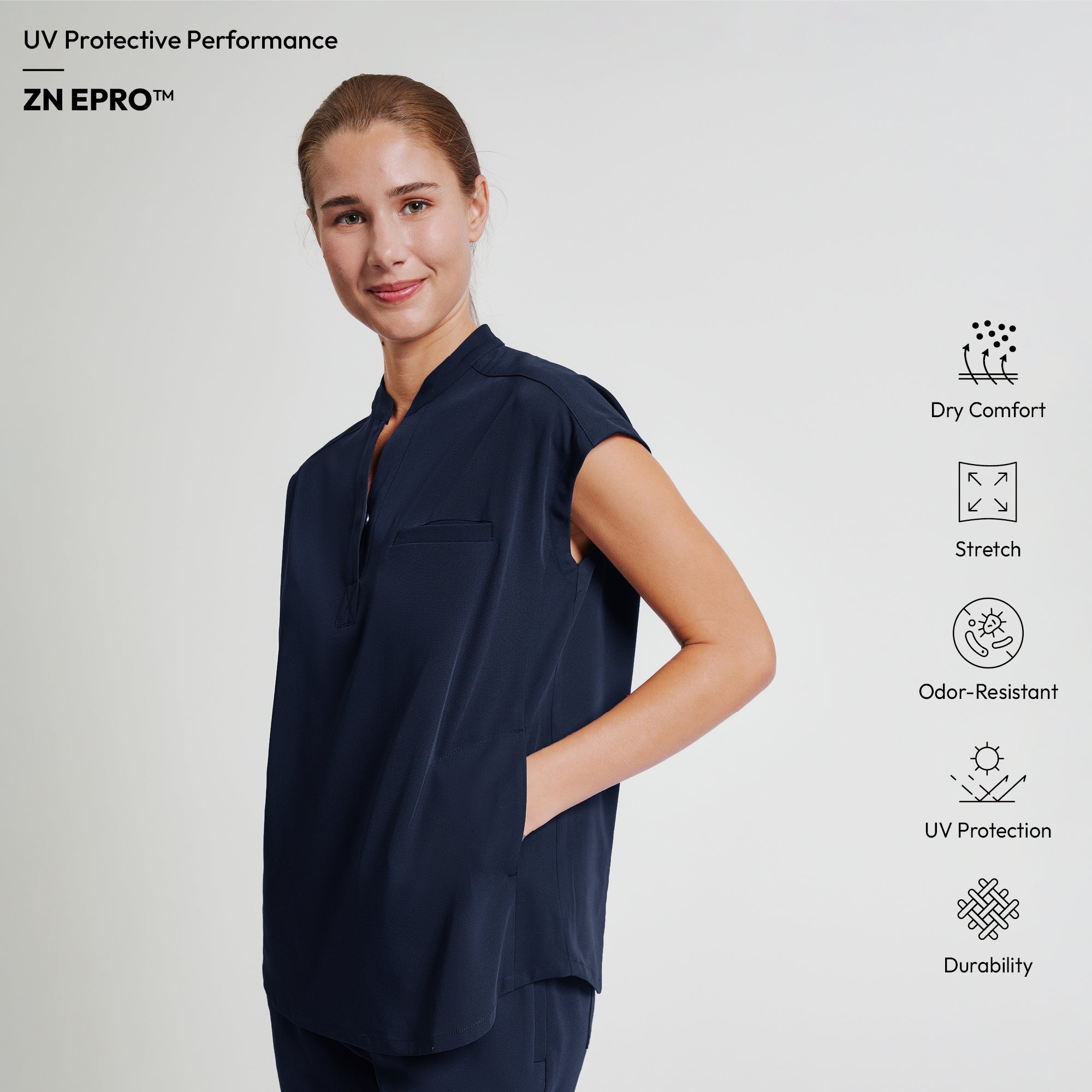 Zenir | Women's Mandarin Collar Scrub Top - Navy