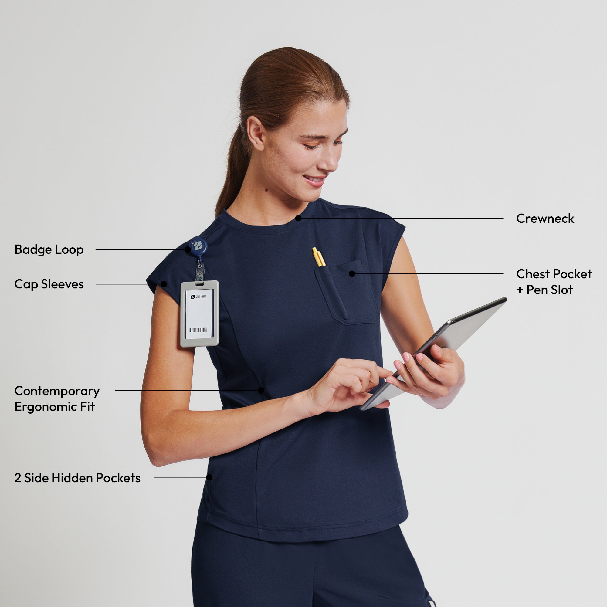 Zenir | Women's Soft Stretch Crewneck Scrub Top - Navy