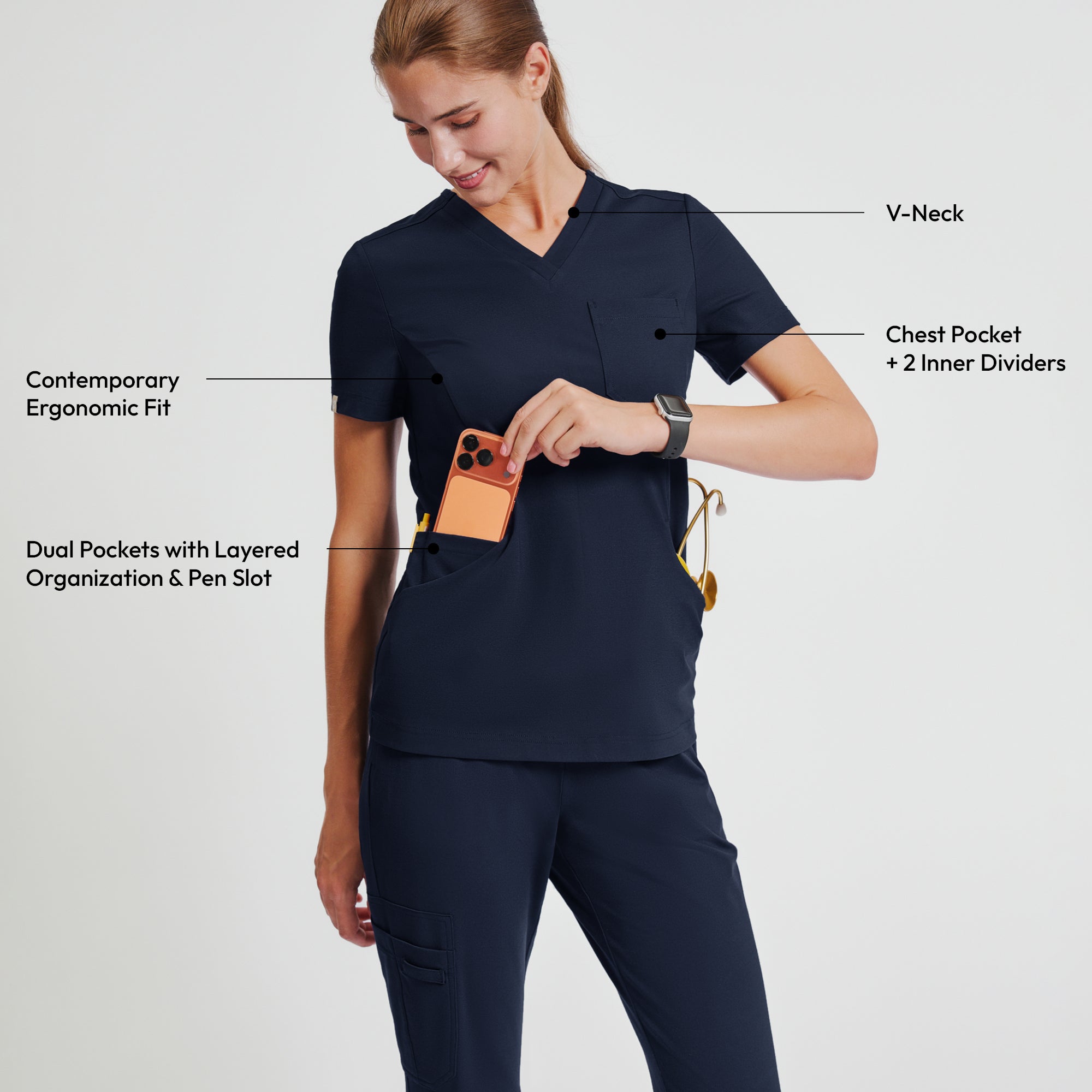 Zenir | Women's Soft Stretch Scrub Top - Navy