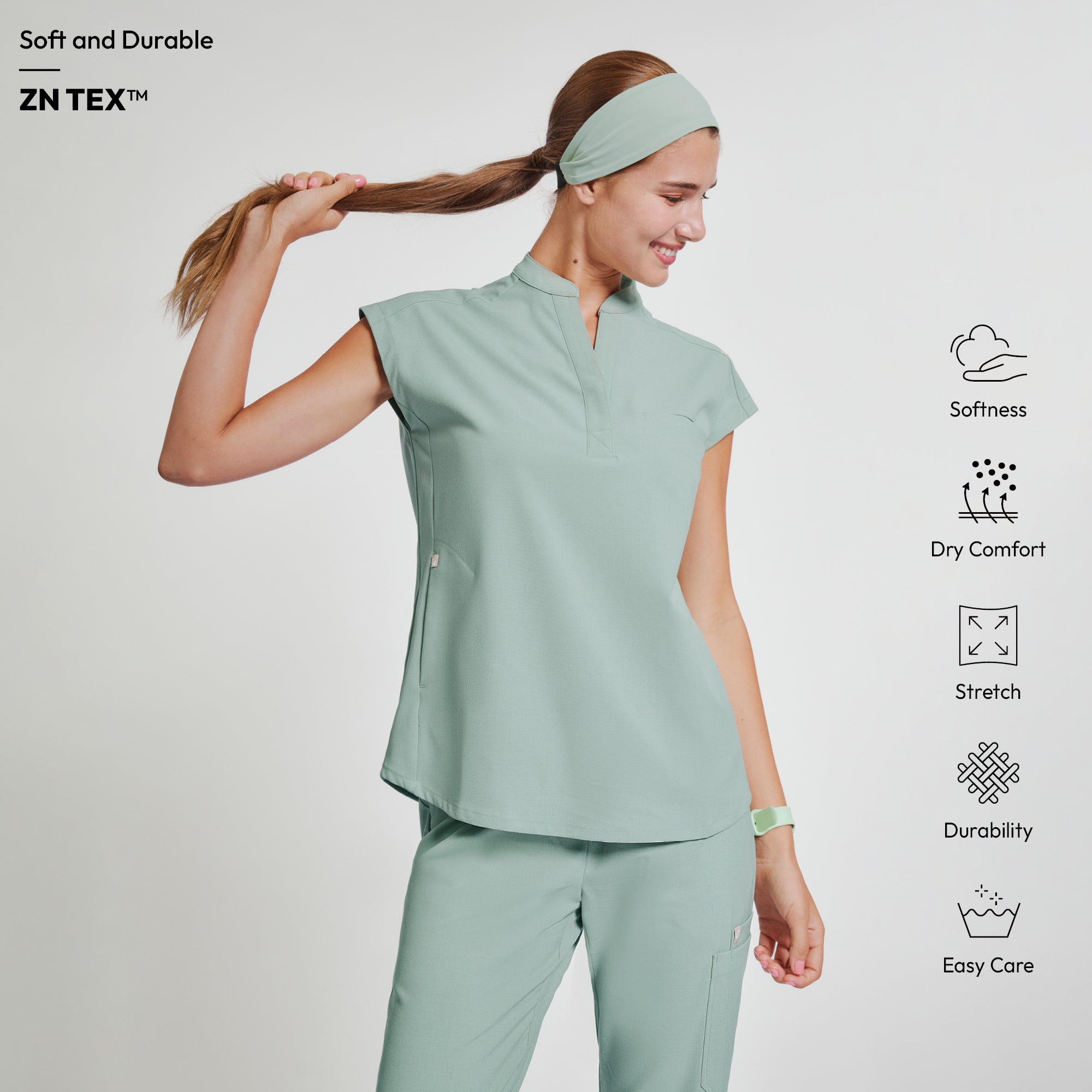 Zenir | Women's Mandarin Collar Scrub Top - Sage Green