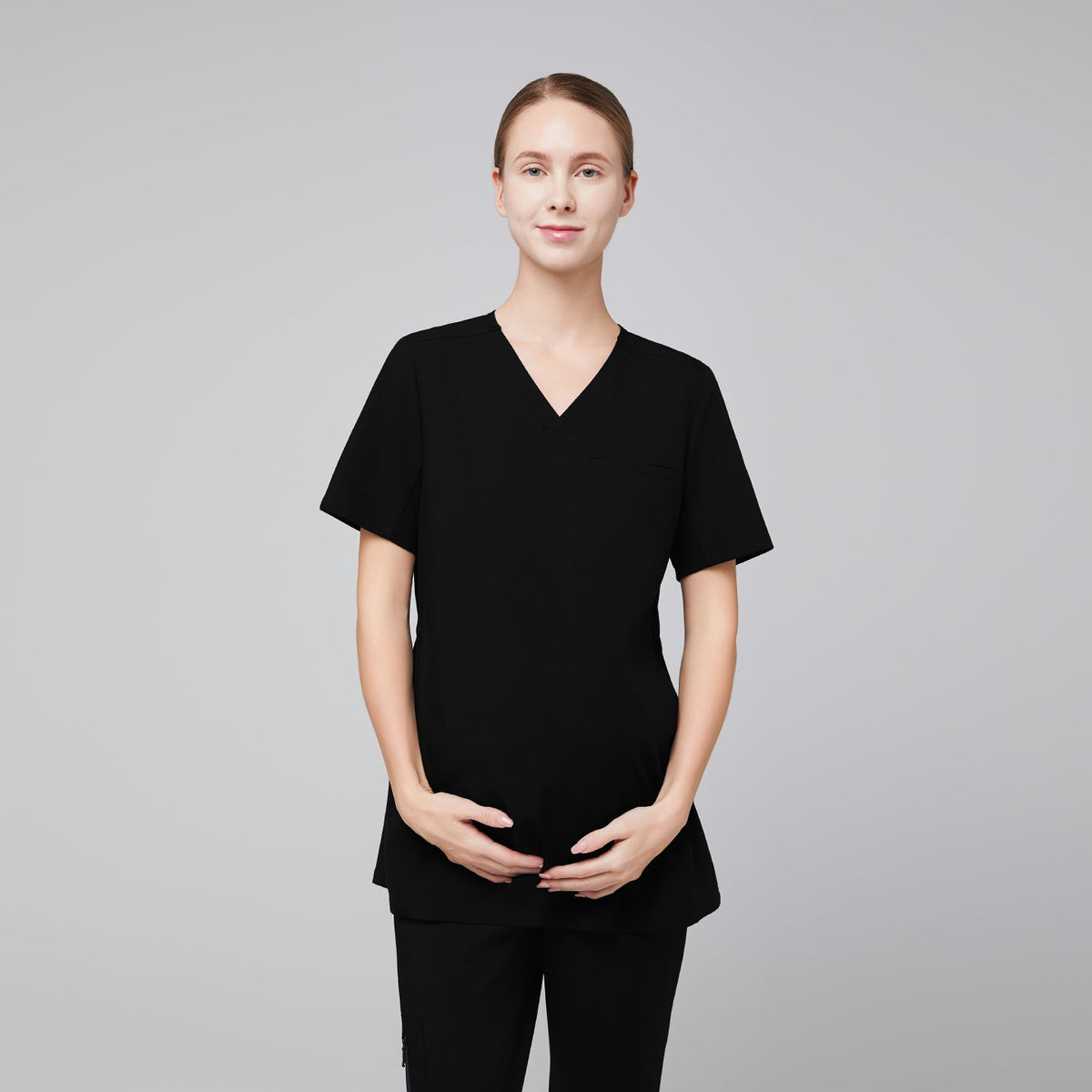 scrub top, women standing with wearing black scrub top,Eco Black