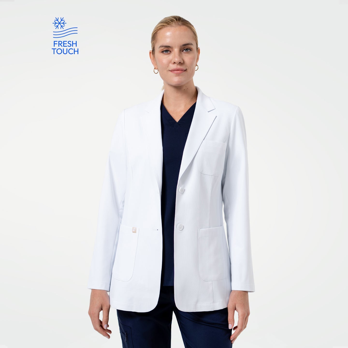 Fresh white lab coat Zenir, model wearing with clean two-button front and long sleeves, front view.