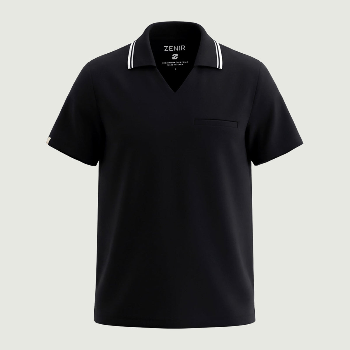 Male model showcasing the jet black performance polo scrub top with a striped collar, focusing on fit and design,Jet Black
