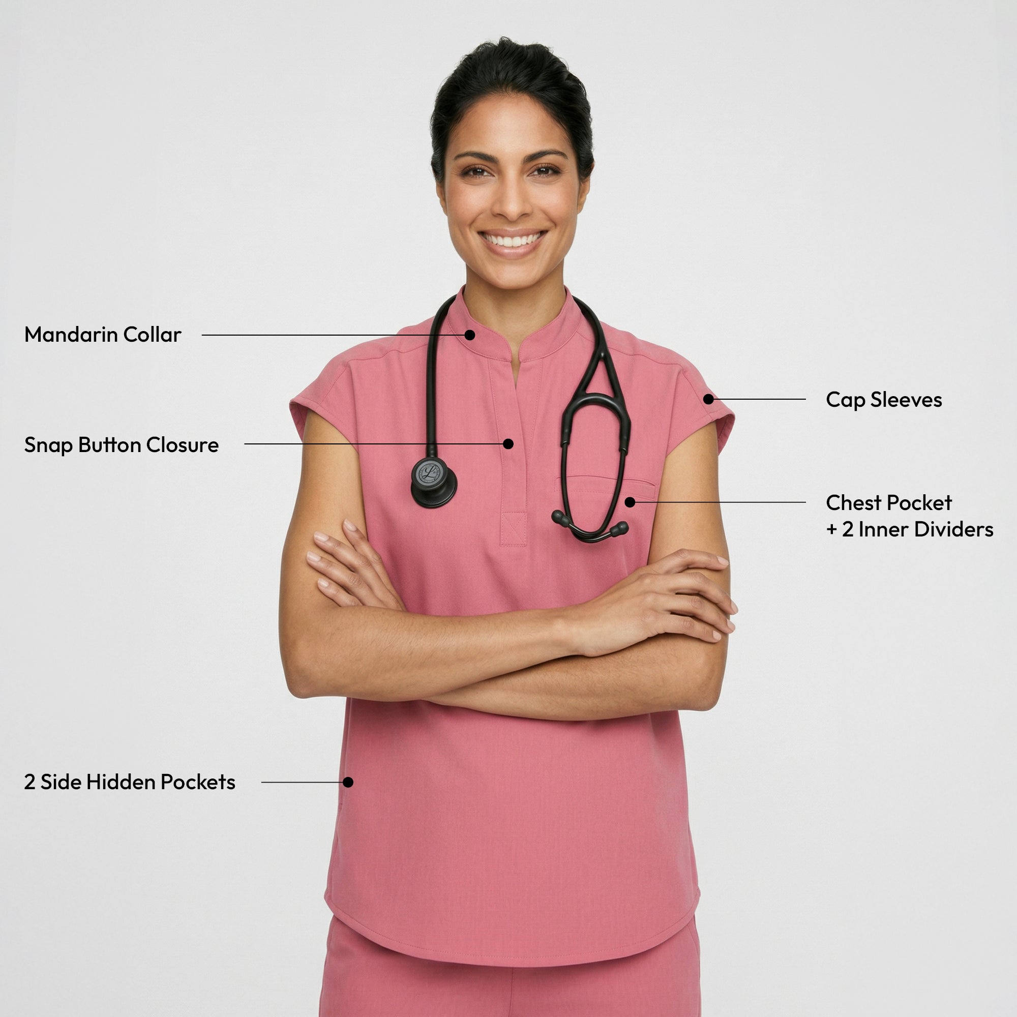 Zenir | Women's Mandarin Collar Scrub Top - Coral Pink
