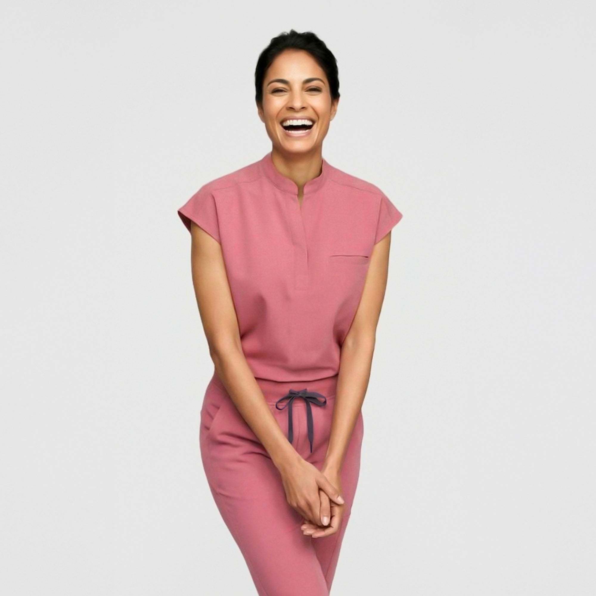 Zenir | Women's Mandarin Collar Scrub Top - Coral Pink