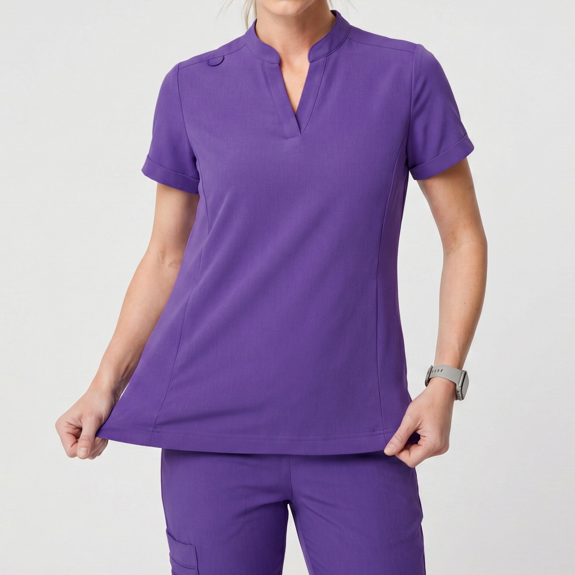 Zenir | Women's Soft Stretch Notched Scrub Top - Eggplant