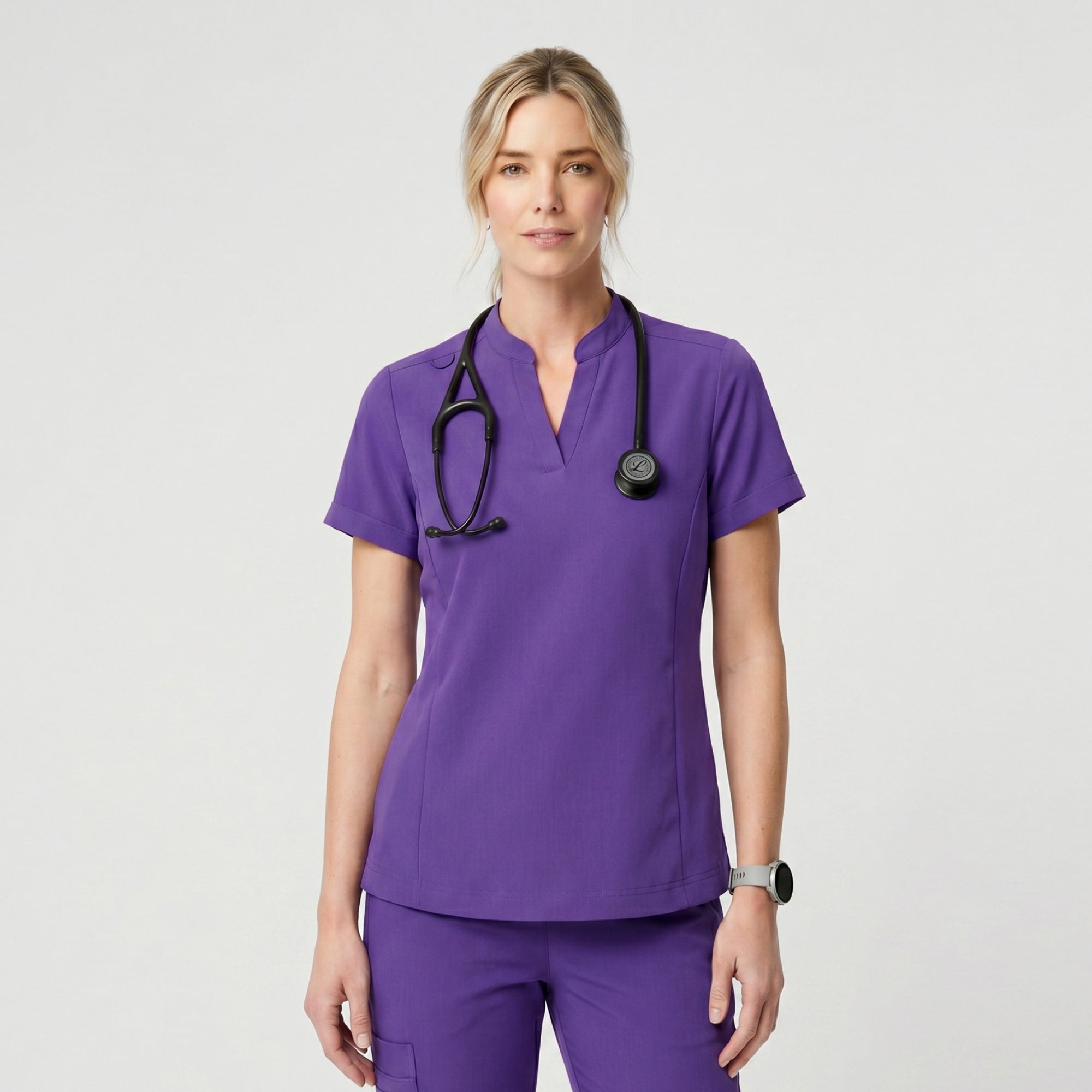 Zenir | Women's Soft Stretch Notched Scrub Top - Eggplant
