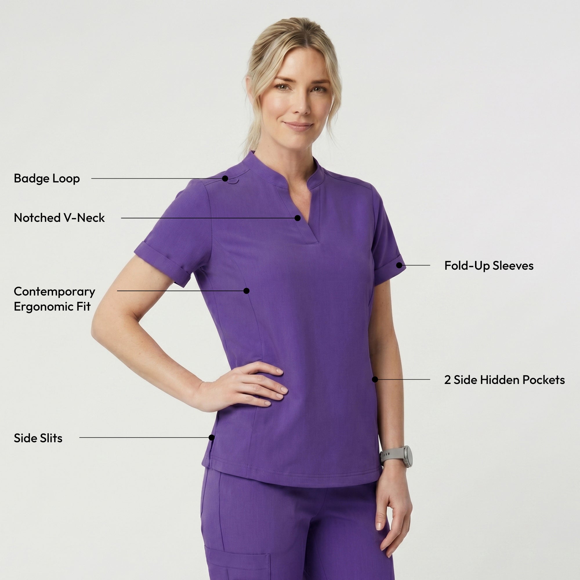 Zenir | Women's Soft Stretch Notched Scrub Top - Eggplant