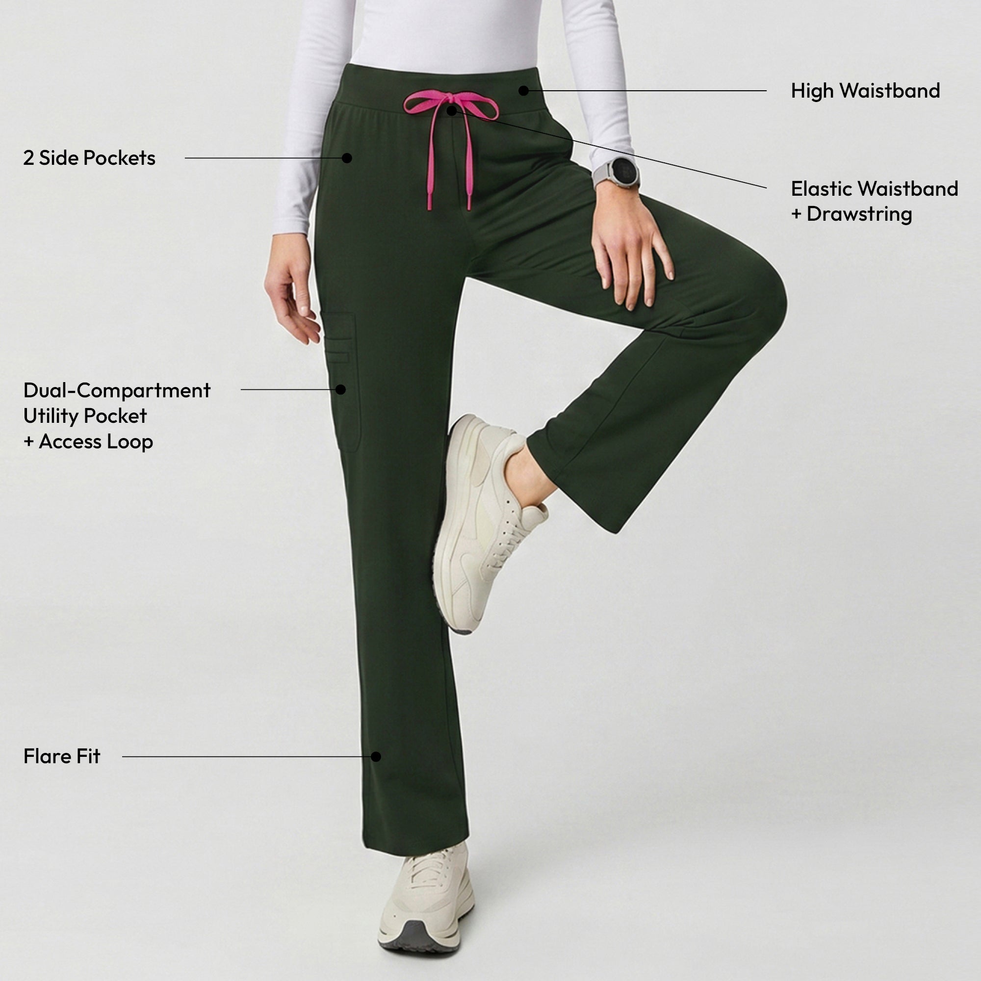 Zenir | Women's Soft Stretch High Waisted Flare Scrub Pants - Olive Green