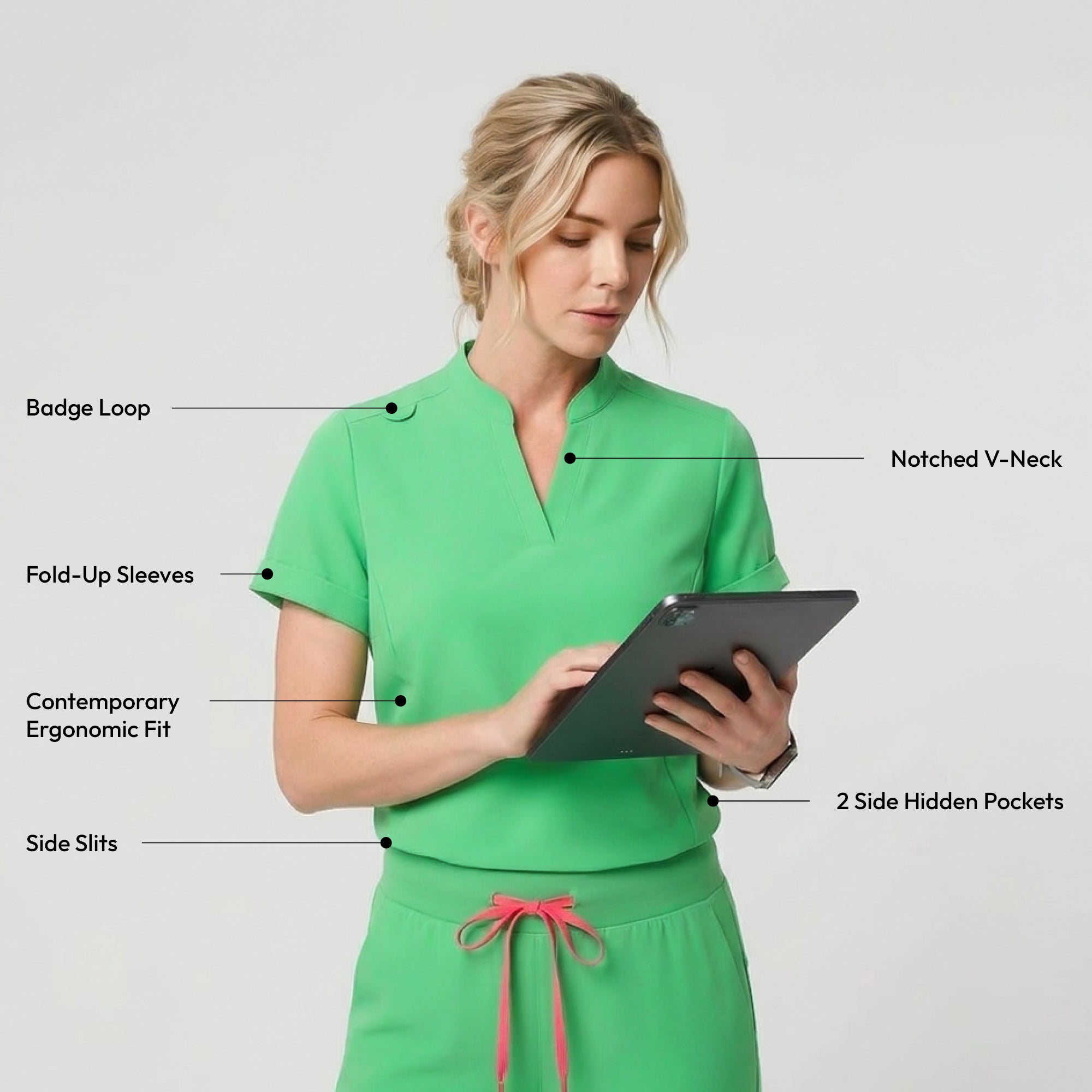 Zenir | Women's Soft Stretch Notched Scrub Top - Pistachio Green