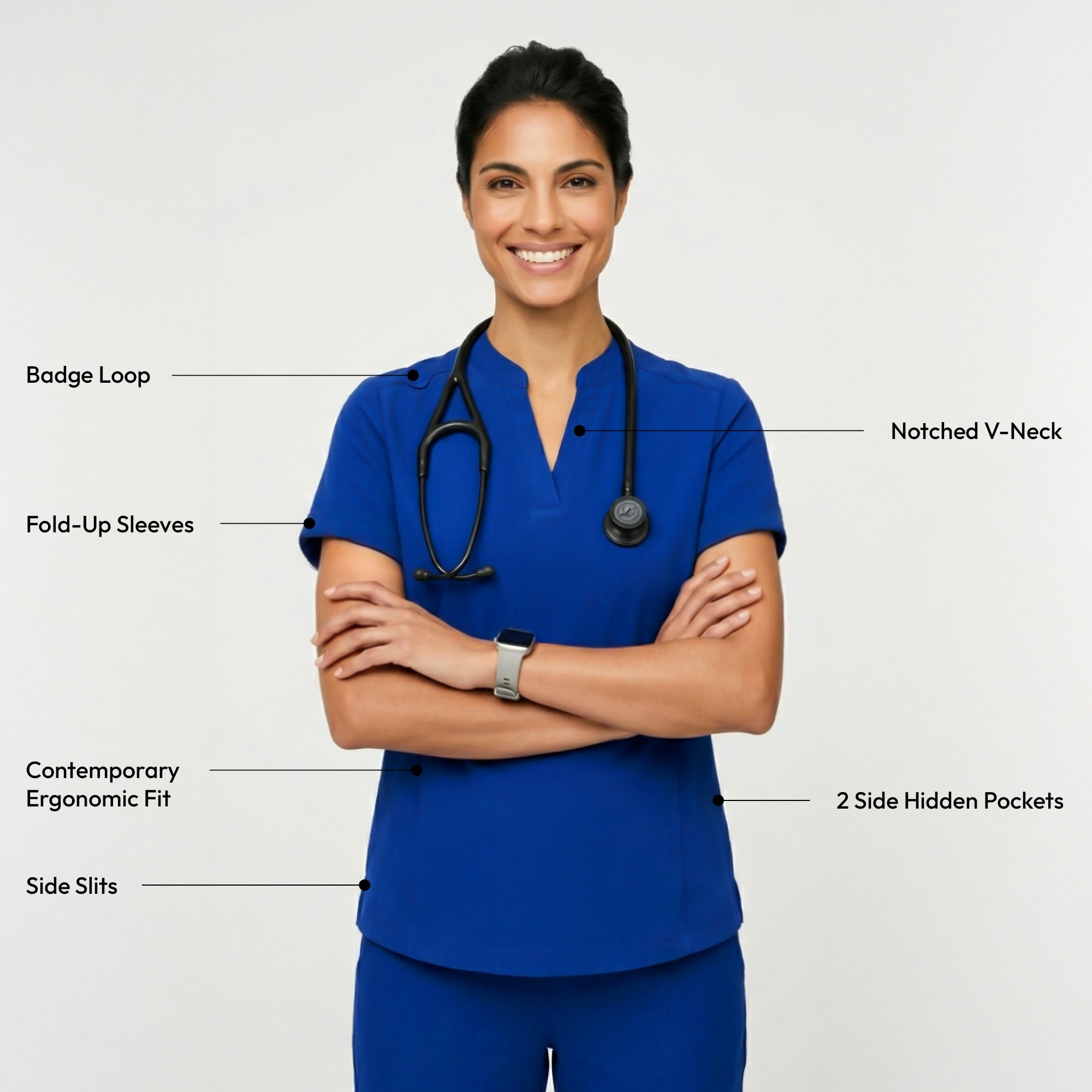 Zenir | Women's Soft Stretch Notched Scrub Top - Royal Blue