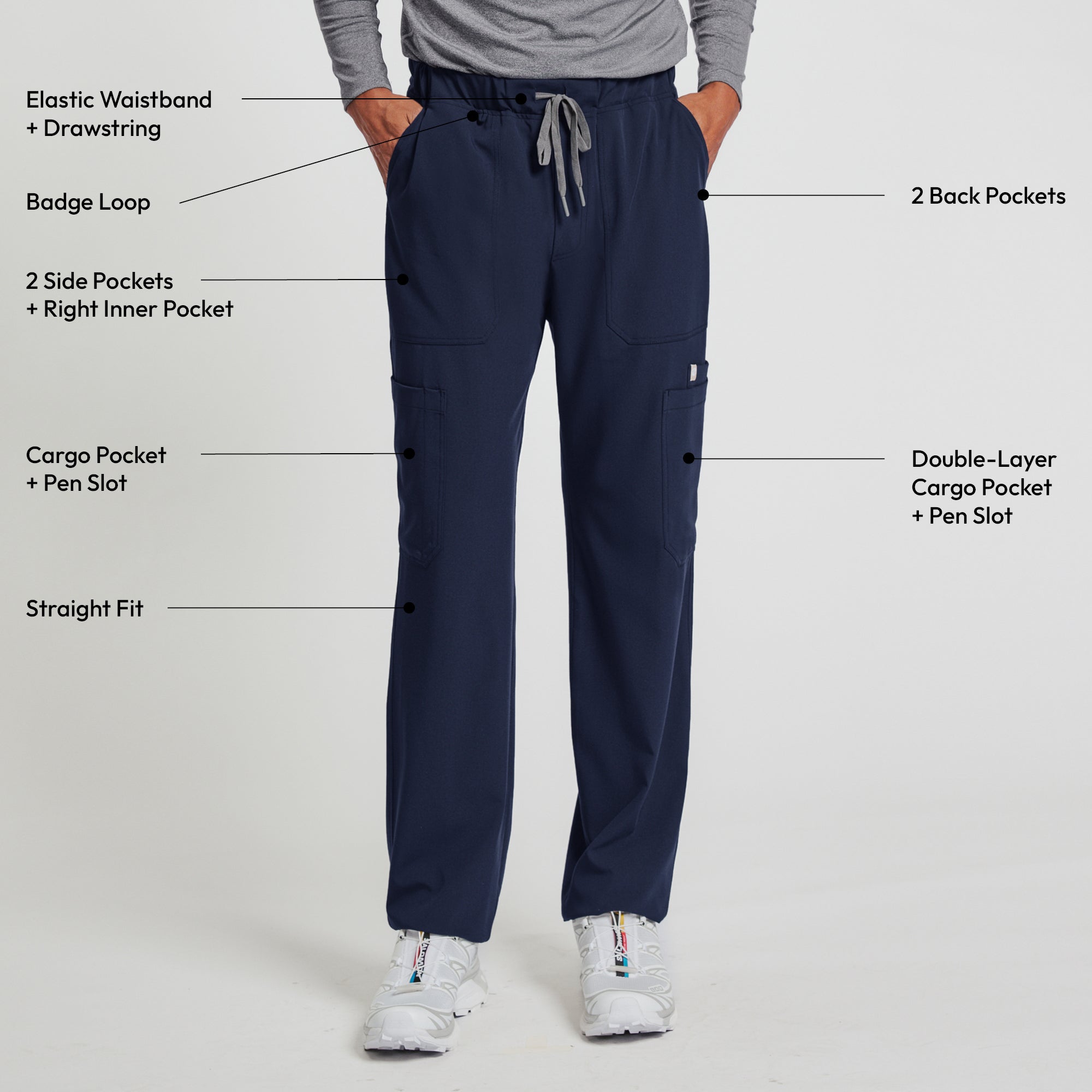 Zenir | Men's Essential 8-Pocket Straight Scrub Pants - Navy