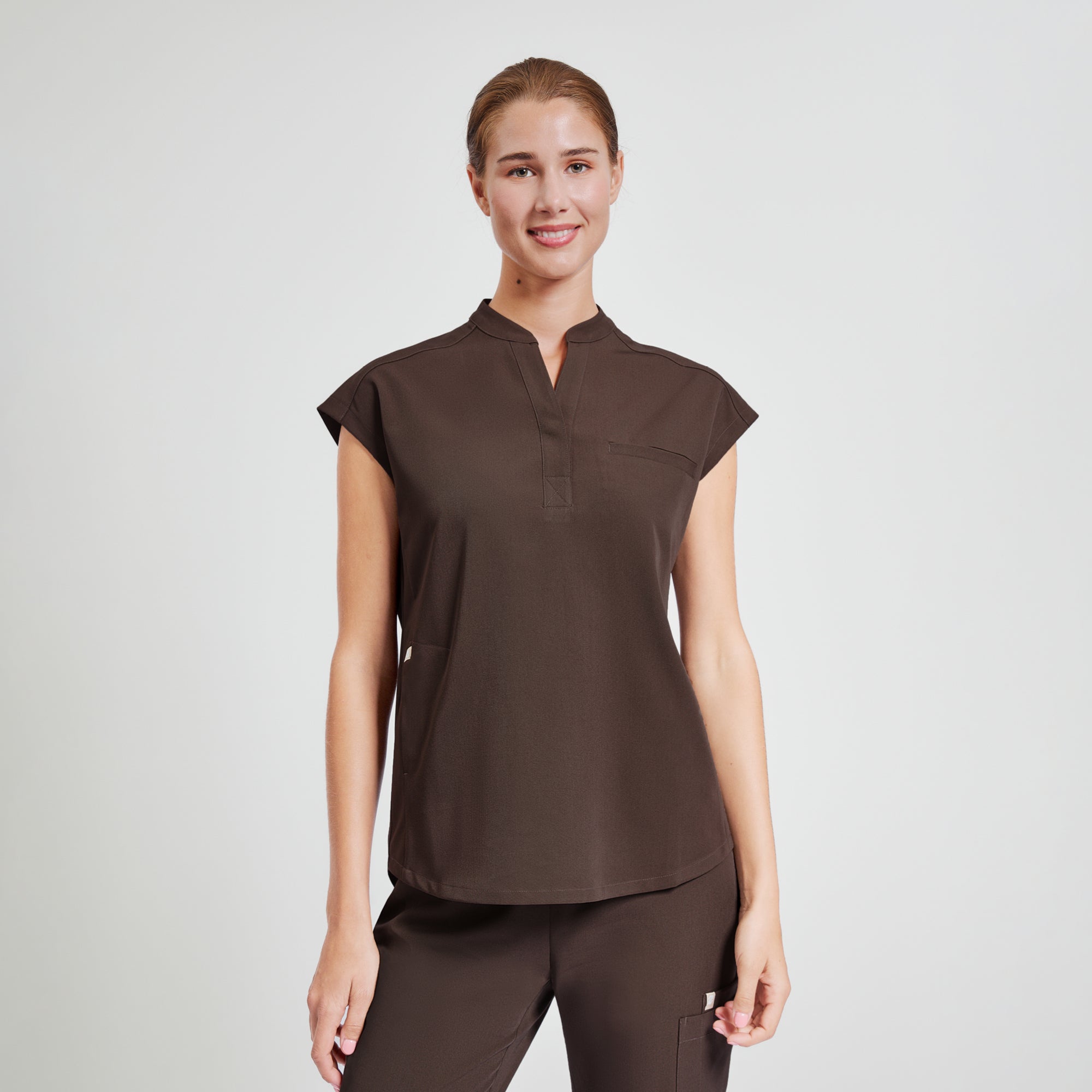 Zenir | Women's Mandarin Collar Scrub Top - Brown