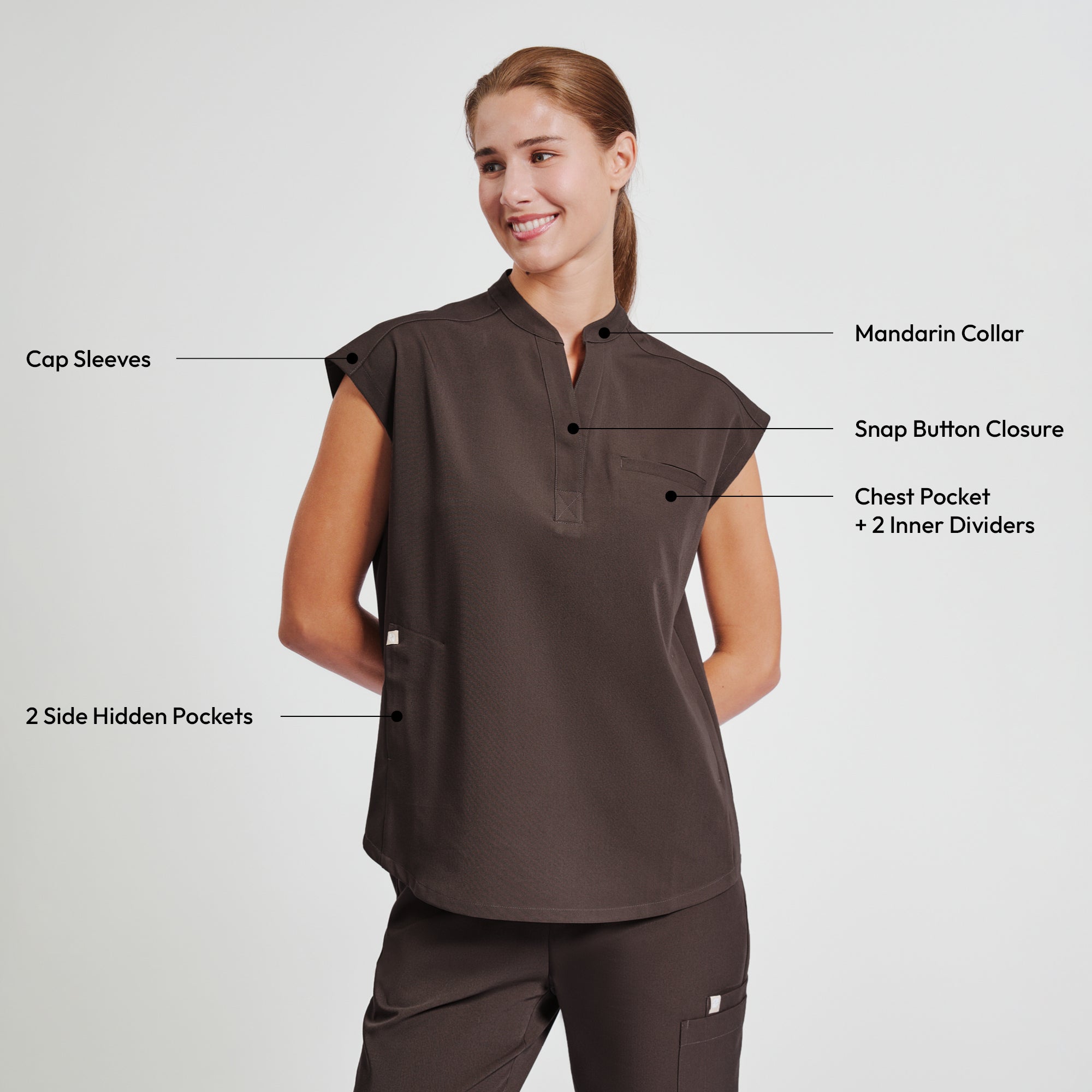 Zenir | Women's Mandarin Collar Scrub Top - Brown