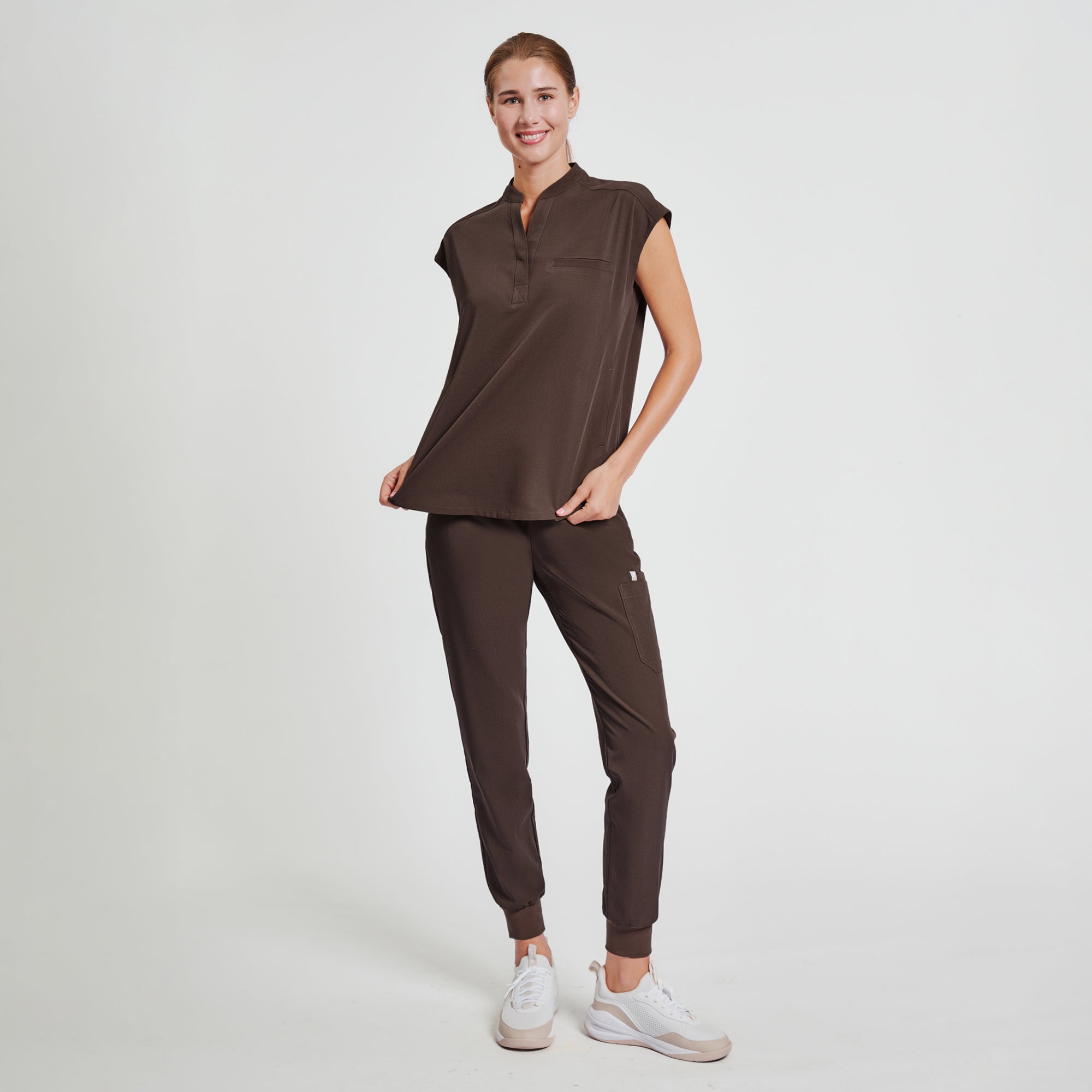 Zenir | Women's Mandarin Collar Scrub Top - Brown