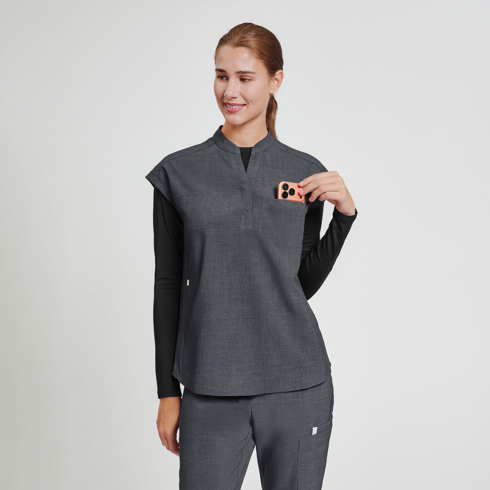 Zenir | Women's Mandarin Collar Scrub Top - Charcoal Gray