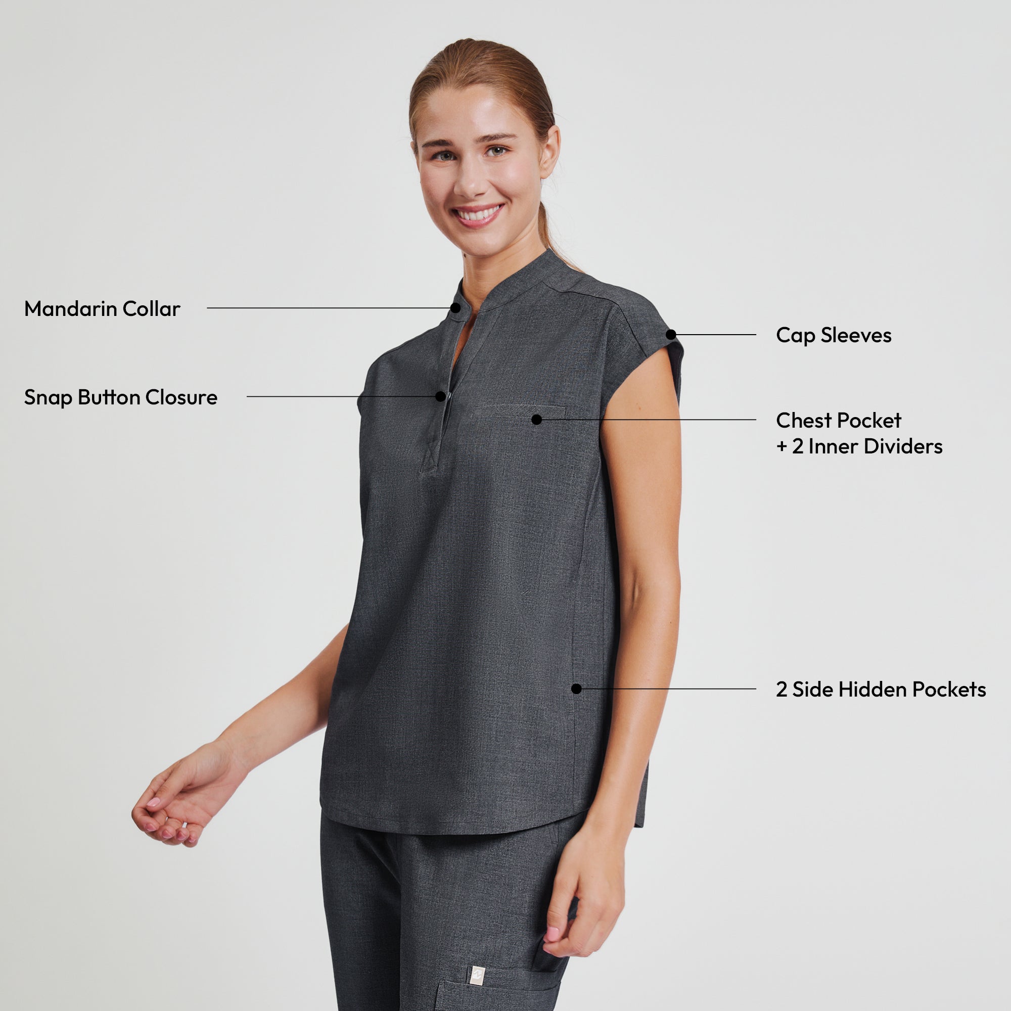 Zenir | Women's Mandarin Collar Scrub Top - Charcoal Gray