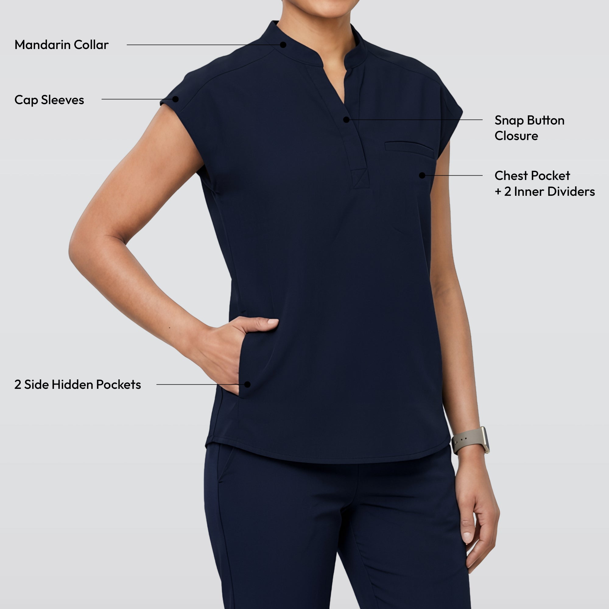 Zenir | Women's Mandarin Collar Scrub Top - Navy