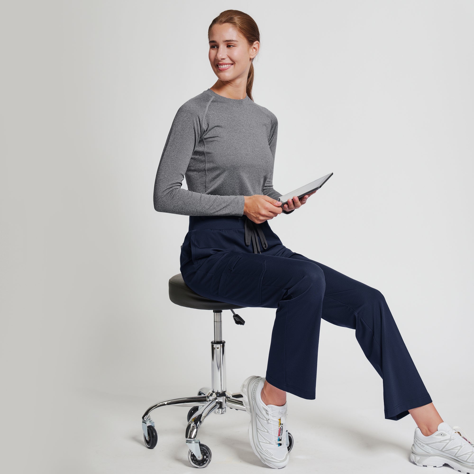 Zenir | Women's Soft Stretch High Waisted Flare Scrub Pants - Navy
