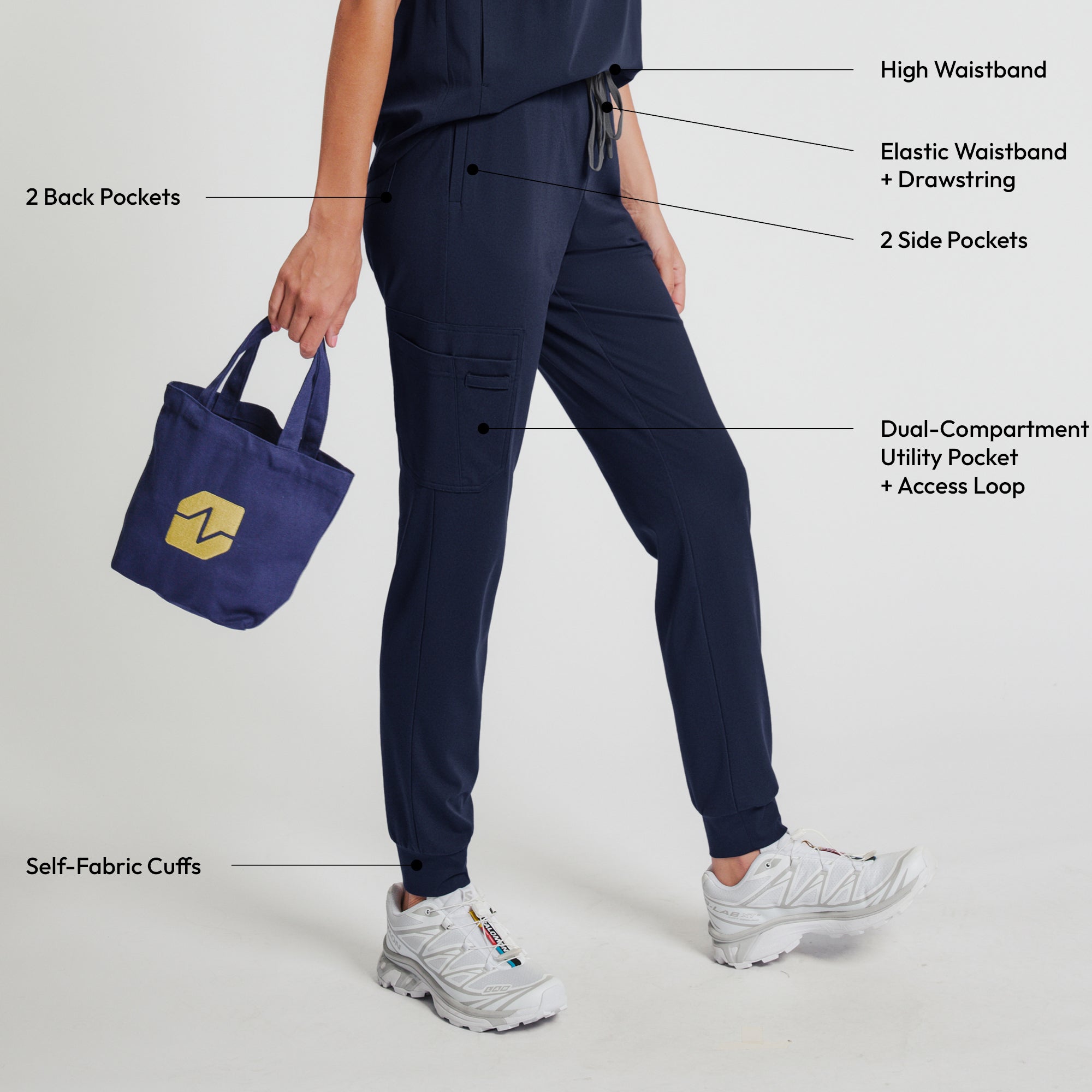 Zenir | Women's Soft Stretch High Waisted Jogger Scrub Pants - Navy