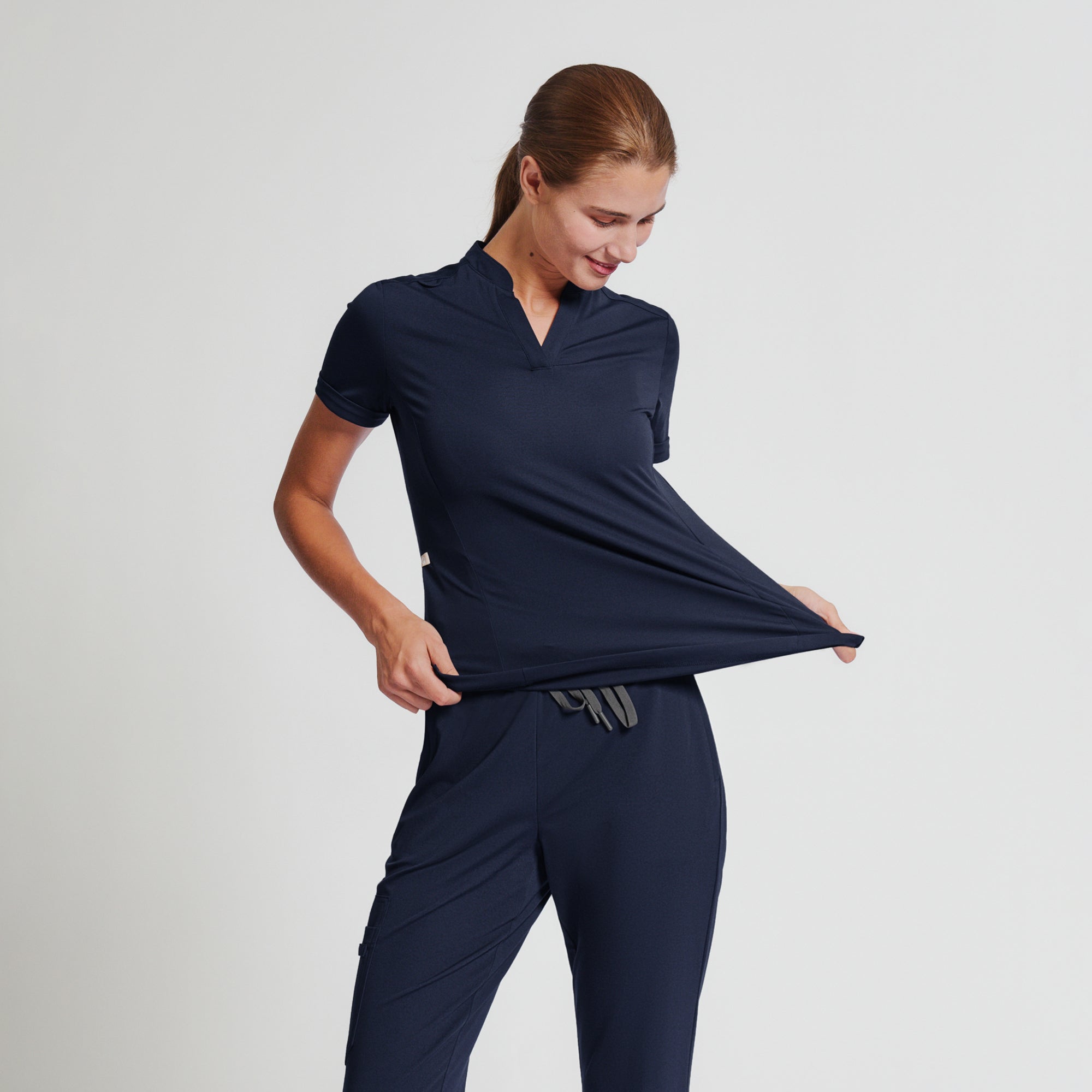 Zenir | Women's Soft Stretch Notched Scrub Top - Navy