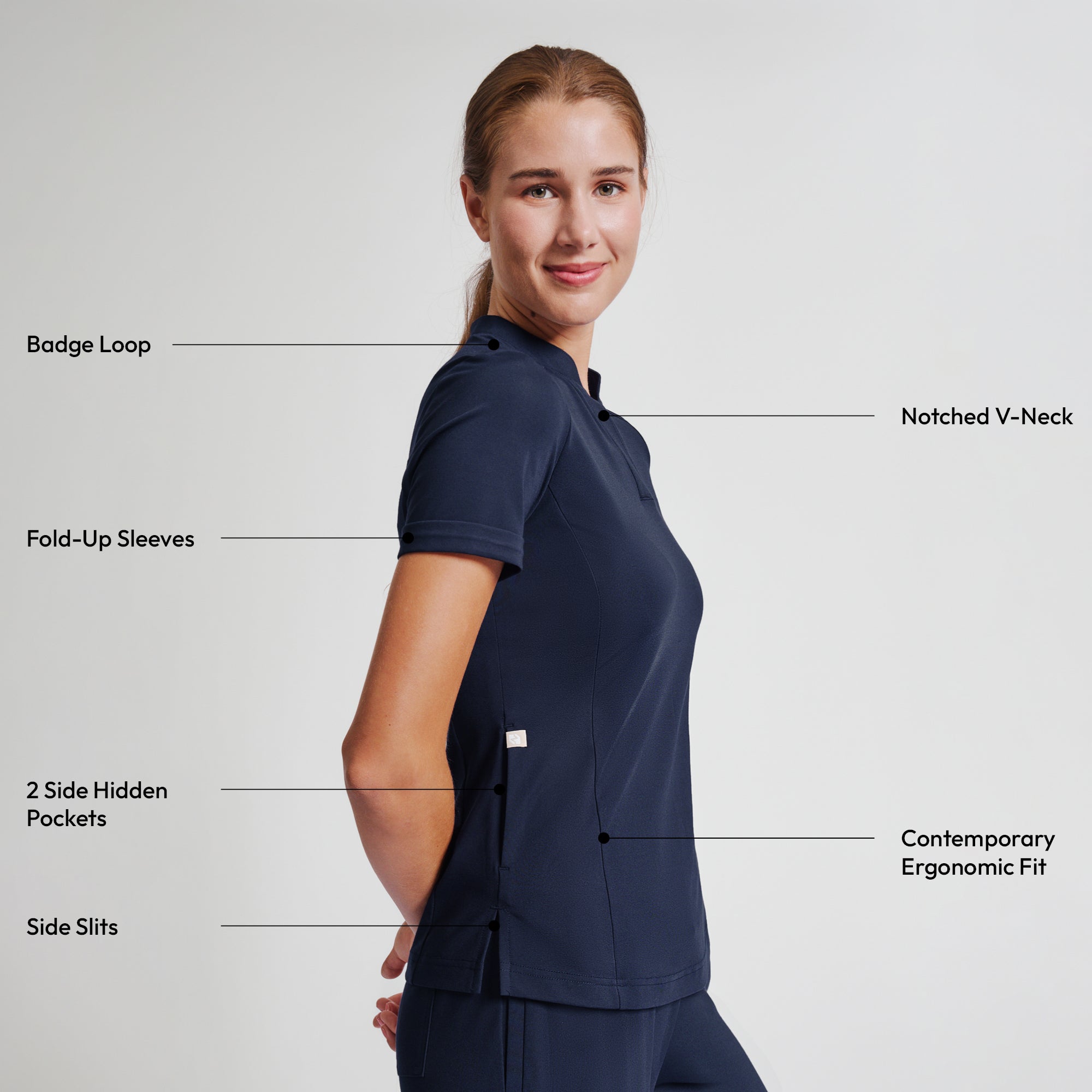 Zenir | Women's Soft Stretch Notched Scrub Top - Navy