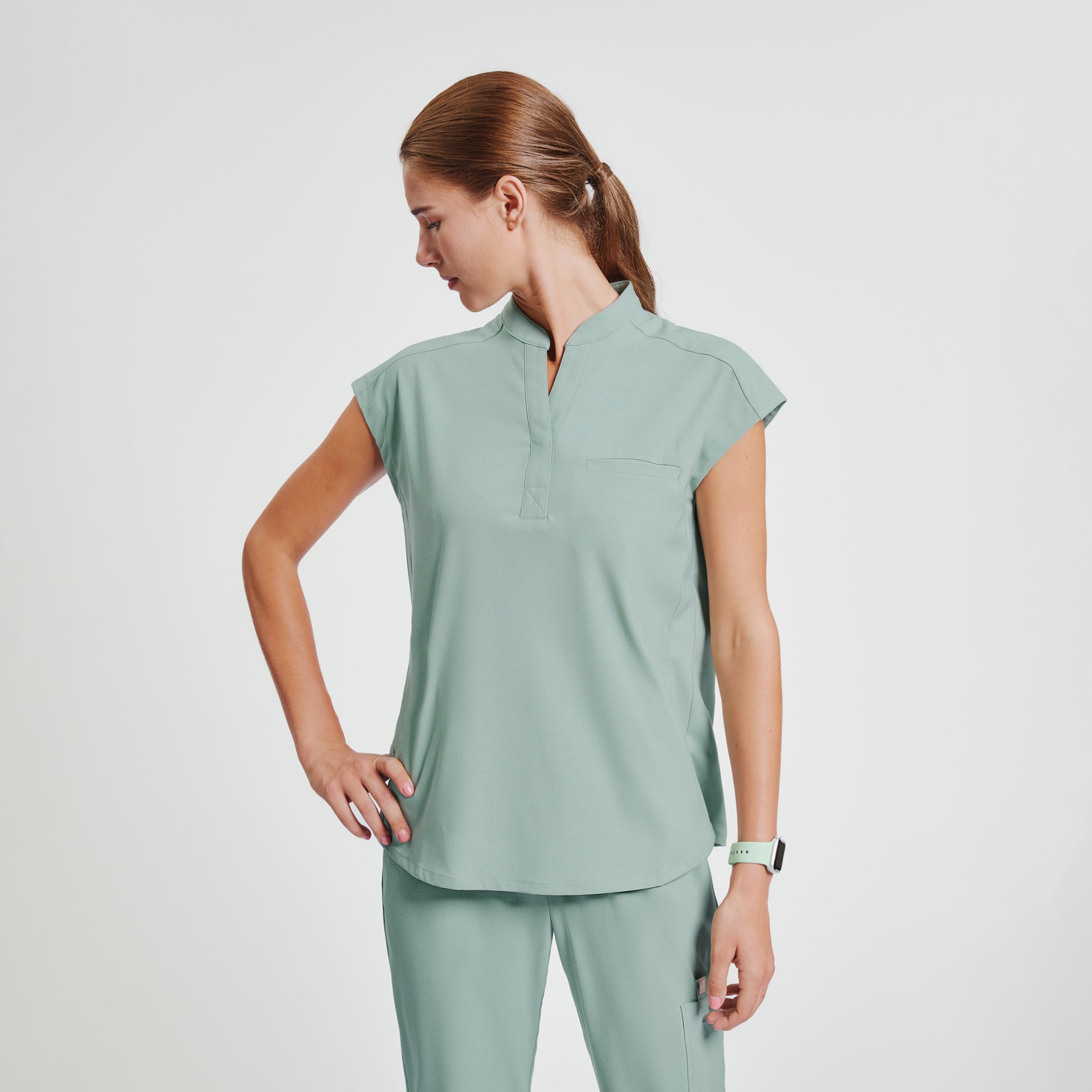 Zenir | Women's Mandarin Collar Scrub Top - Sage Green