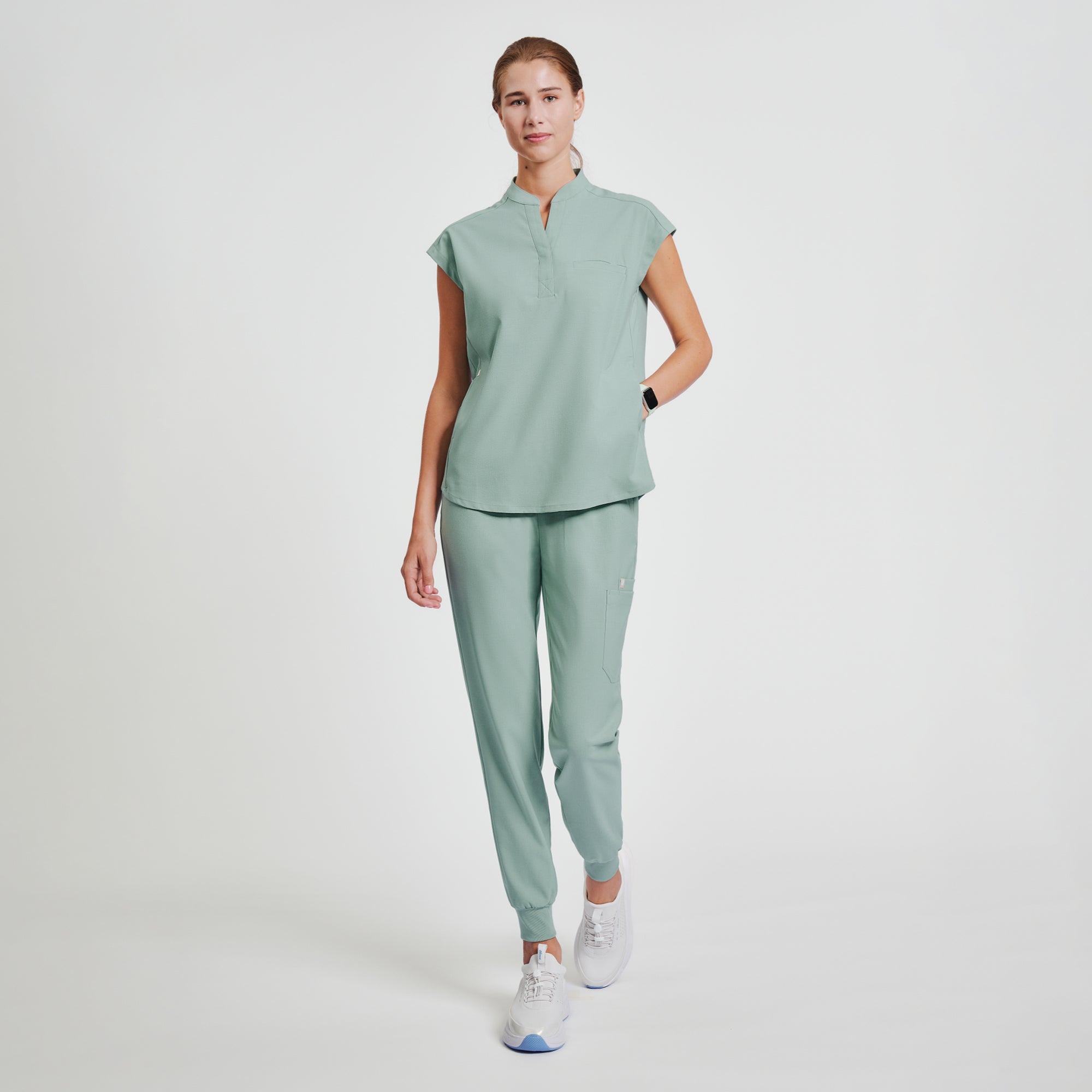 Zenir | Women's Mandarin Collar Scrub Top - Sage Green