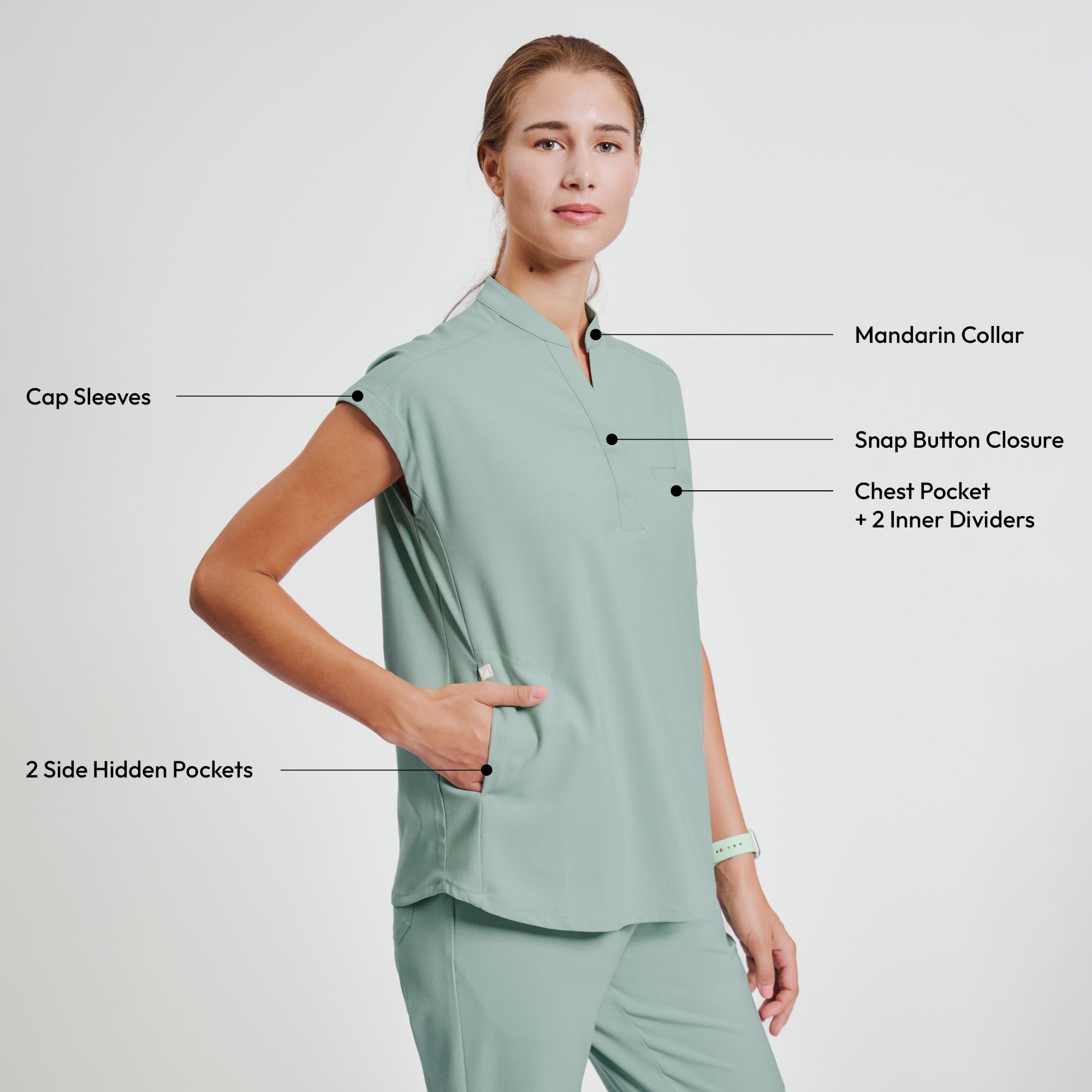 Zenir | Women's Mandarin Collar Scrub Top - Sage Green